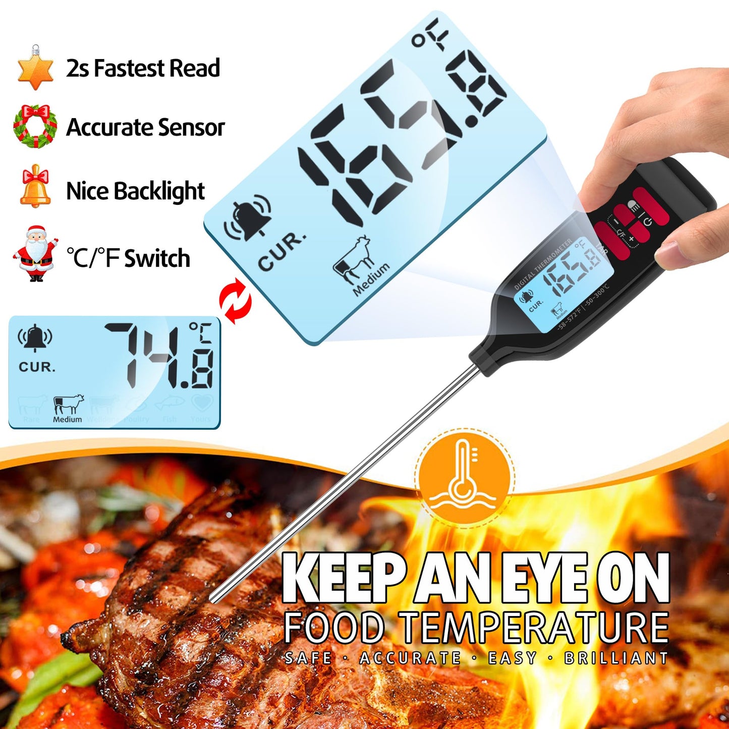 Antonki Meat Thermometer Digital, Smart Instant Read Food Thermometer with Super Long Probe for Cooking Grilling Baking Kitchen Candy BBQ Oil Liquid, Backlit Display, Battery Included