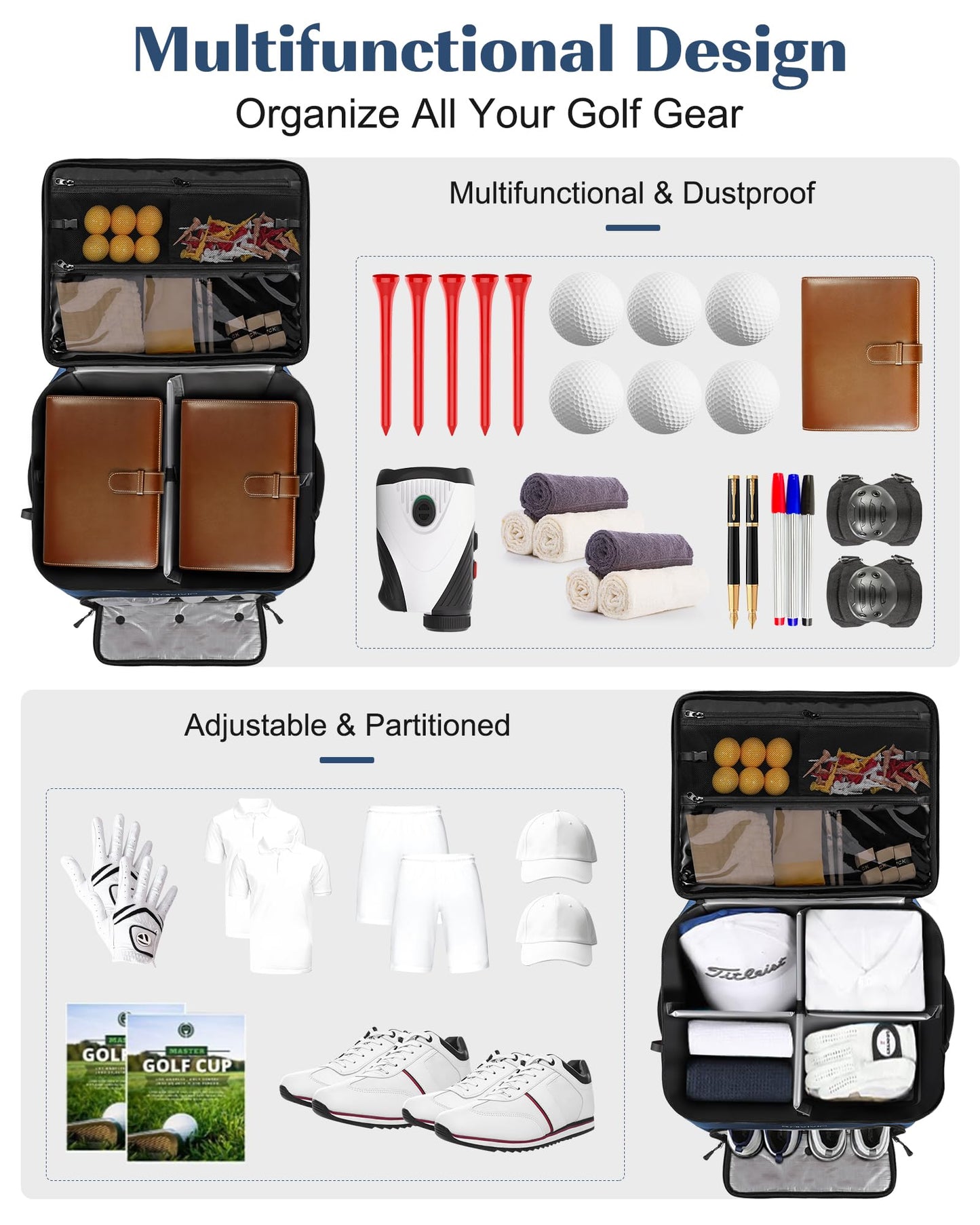 BAIXIXIG Golf Trunk Organizer, 2-Layer Storage with Shoe Pocket, Storage for Golf Accessories, Gifts for Golfers, Blue