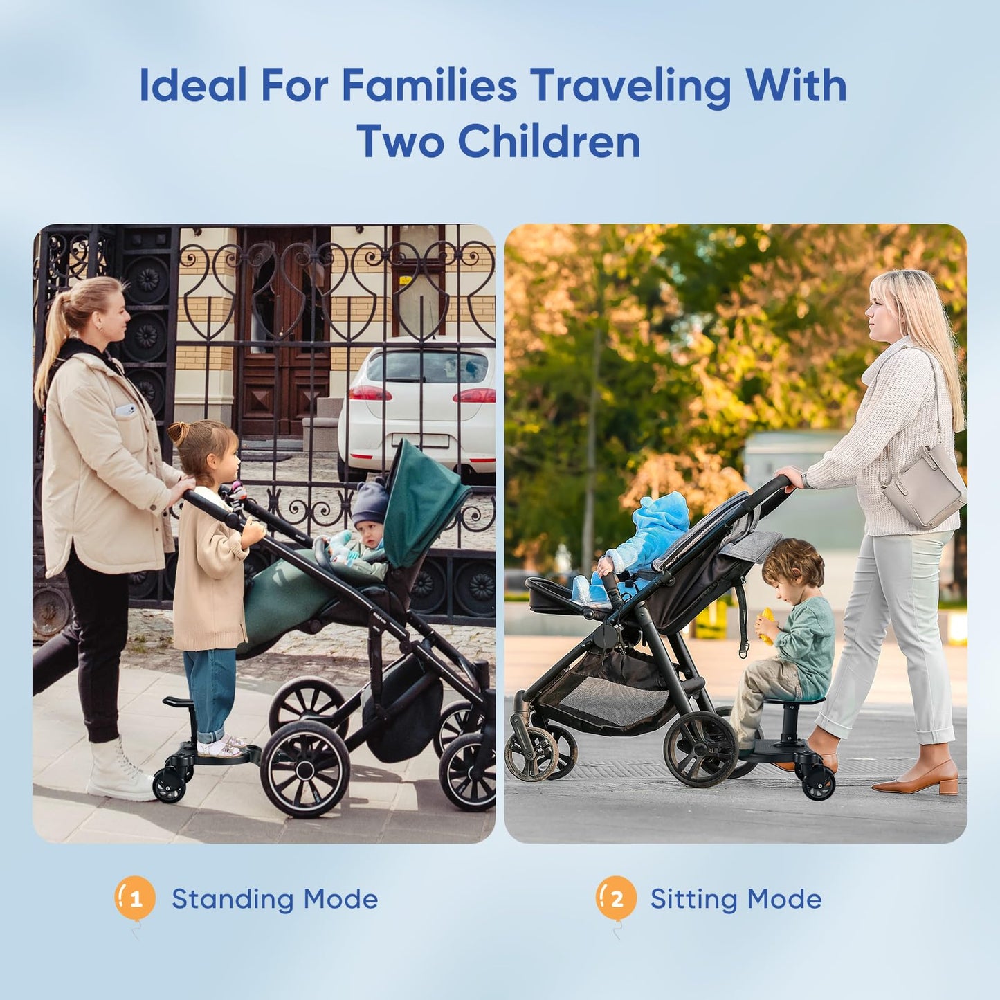 BugyKido Universal Buggy Board with Seat, Kiddy Board with Pram Organiser Bag, Pram Standing Board Compatible with Over 99% of Pushchairs, for Children from 2-6 Years, Load 25 KG(Black)