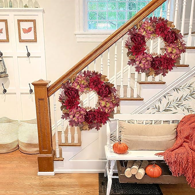 Hollyone 24inch Fall Wreath for Front Door Fall Decor Autumn Wreath Artificial Flower Wreaths with Hydrangea Peonies Dahlia Handmade Outdoor Indoor Halloween Farmhouse Harvest Decorations for Home