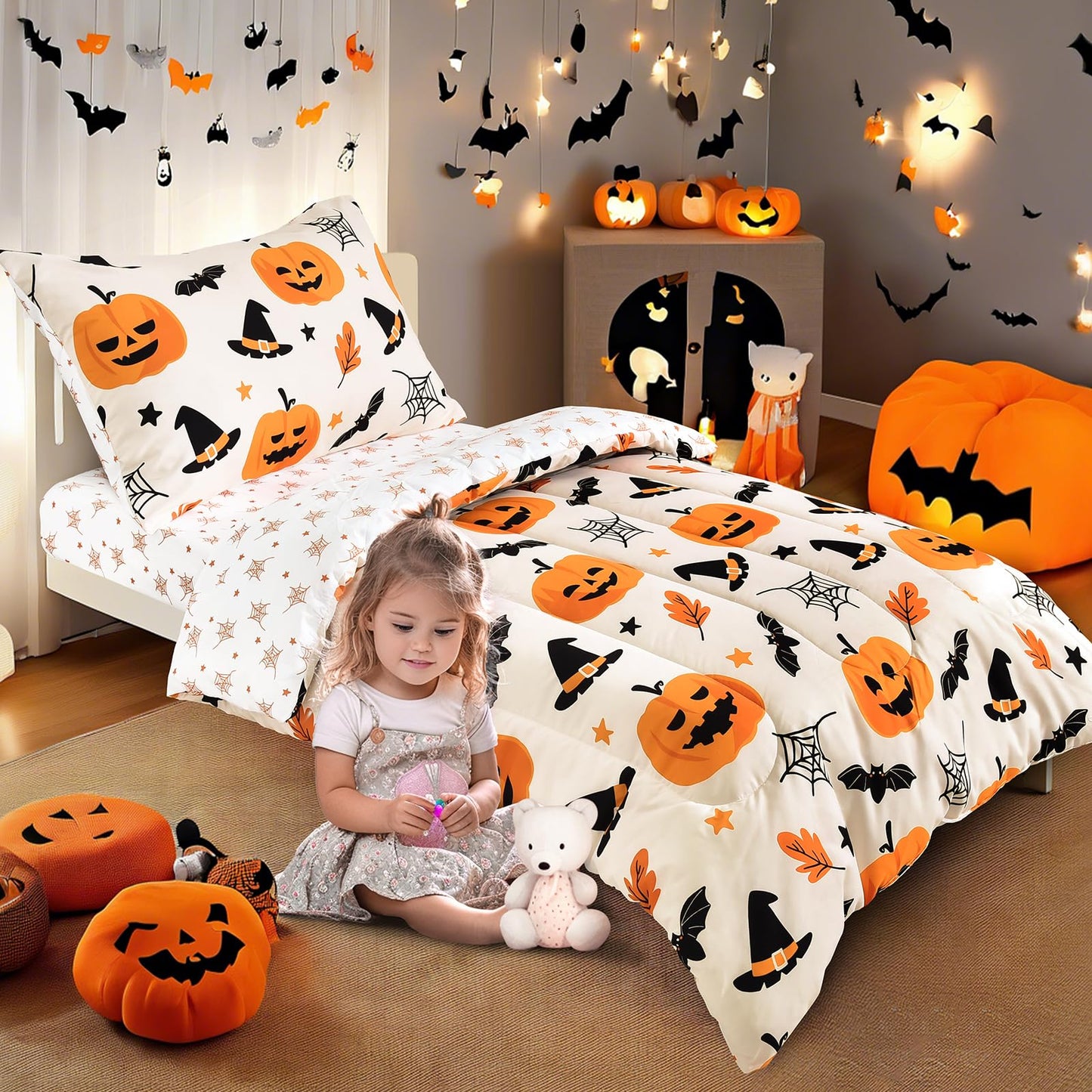 PHF 4 Piece Toddler Bedding Set, Ultra Soft Toddler Comforter Sets Include Comforter, Fitted Sheet, Flat Top Sheet and Pillowcase for Girls, Halloween Bed in A Bag for Baby Bedroom, Pumpkin