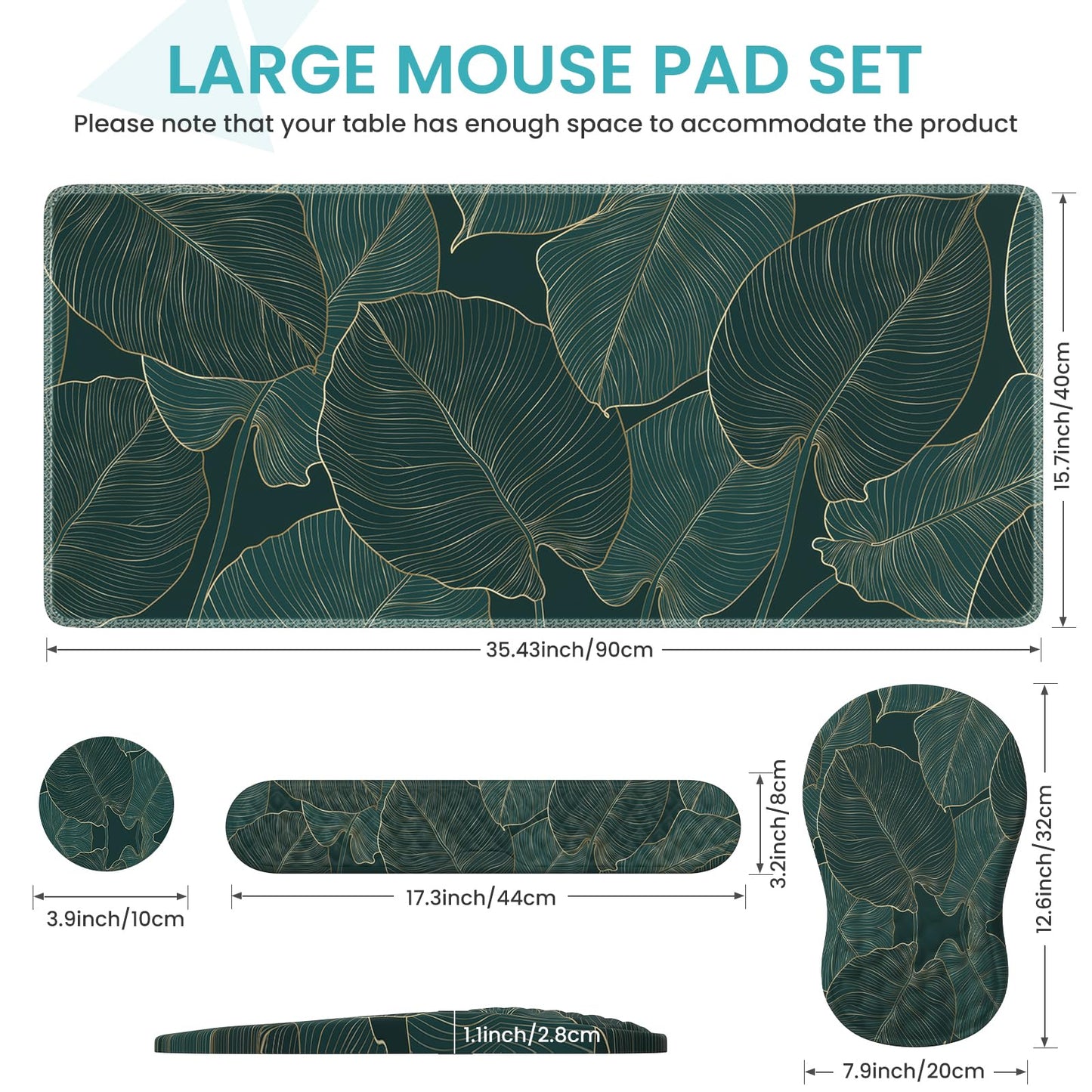 AnyShock 4 in 1Desk Mat for Keyboard and Mouse, Ergonomic Green Mouse Pad with Memory Foam Wrist Rest, Large Desk Pad Mat, Soft Wrist Support for Keyboard (Palm Leaves)