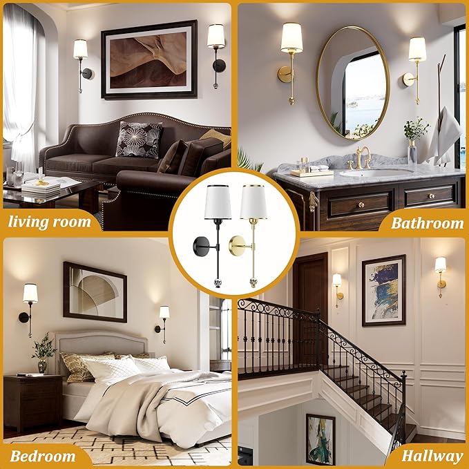 PAIHOME Gold Battery Operated Wall Sconce Set of Two, Rechargeable Wireless Sconces with 5000mAh, 15 Colors Remote Control Dimmable Wall Sconce for Bedroom Living Room Bathroom Hallway Wall Decor