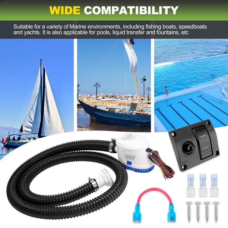 1100 GPH Automatic Boat Bilge Water Pump 12V with 3 Way Switch Panel & 1-1/8 Inch Dia Bilge Pump Plumbing Kit Ideal for Fishing Boats, Cruisers, Runabouts, Yachts