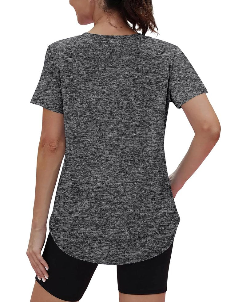 Summer Tops for Women 2026 Short Sleeve Workout Clothes Athletic Shirts Pilates Outfits Camisetas Deportivas para Mujer V Neck Dark Grey L