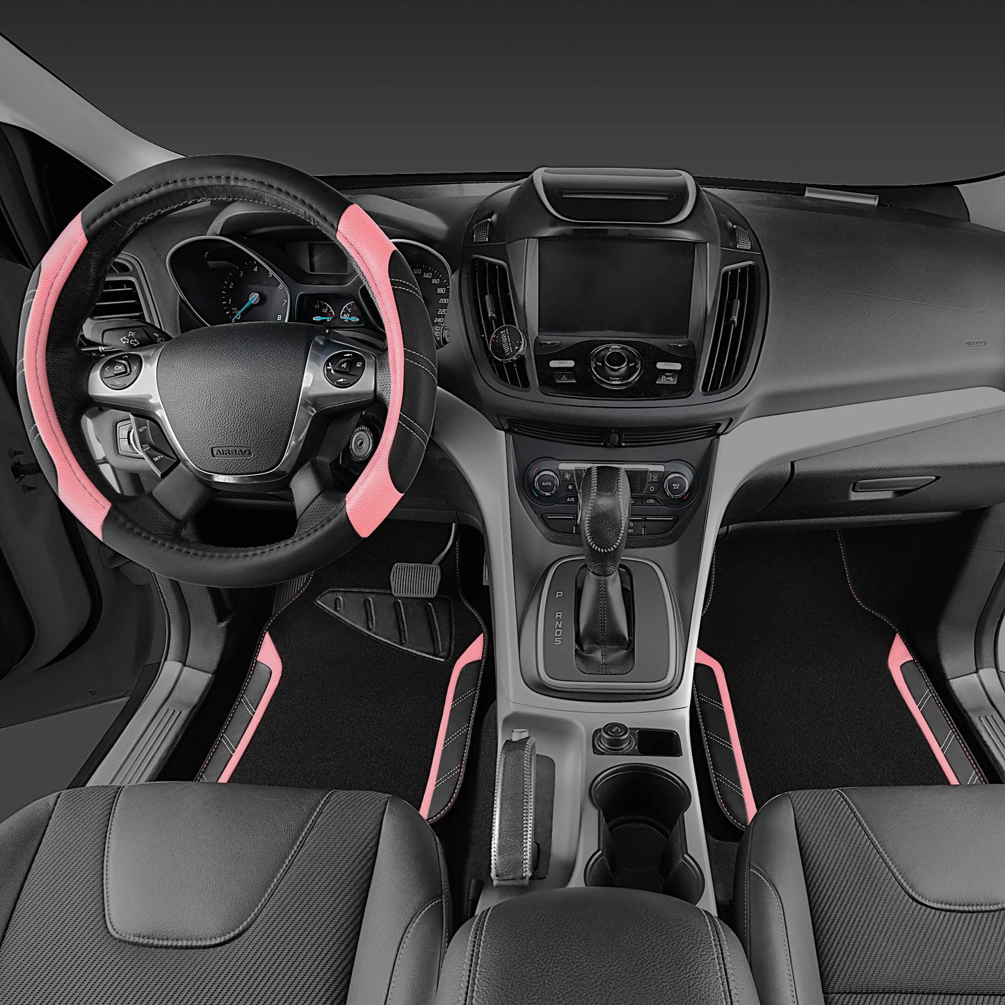 CAR PASS Microfiber Steering Wheel Cover and Waterproof Car Floor Mats,Leather Universal Car Combo Fit for 95% Truck,SUV,Cars,14.5-15inch Sporty Anti-Slip Safety Comfortable Design(Black and Pink)