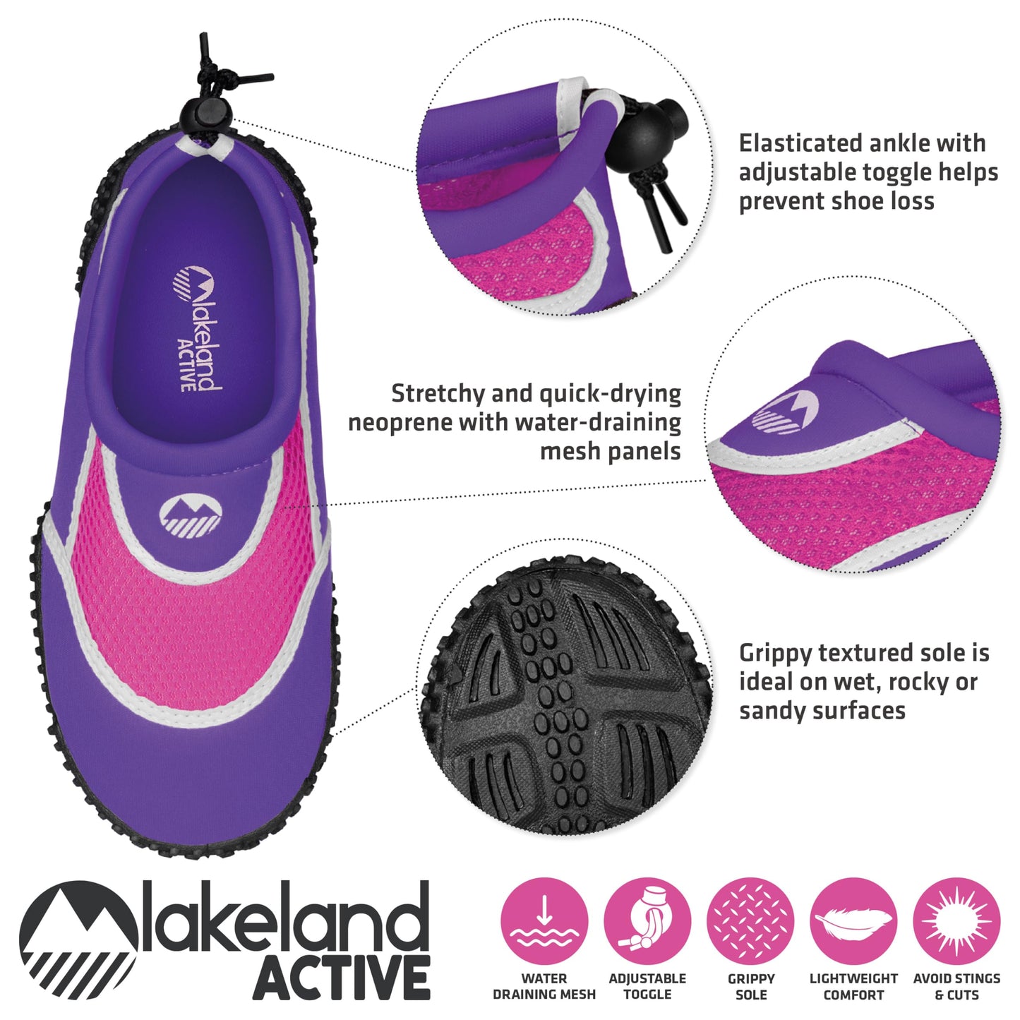 Lakeland Active Girl's Eden Aquasport Water Shoes Holiday Surf Sea Barefoot Swimming Paddleboard - Purple/Pink/White - 3 UK