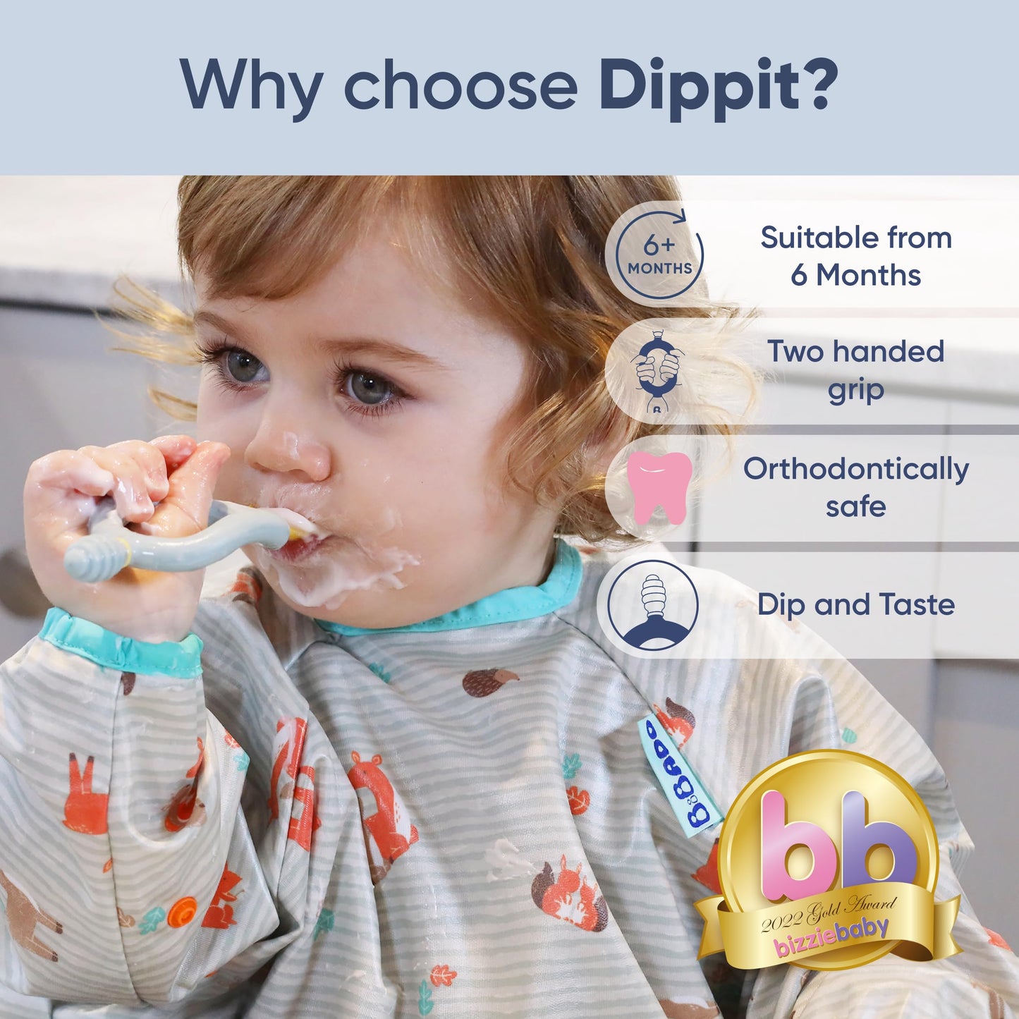 Bibado Dippit- Baby Led Weaning Spoon, BPA Free Baby Spoons Self Feeding 6 Months & Up, 2 Handed Baby Spoon with Loop Handle, Use as Toddler & Baby Training Spoon, Baby Led Weaning Supplies, 2 Pack