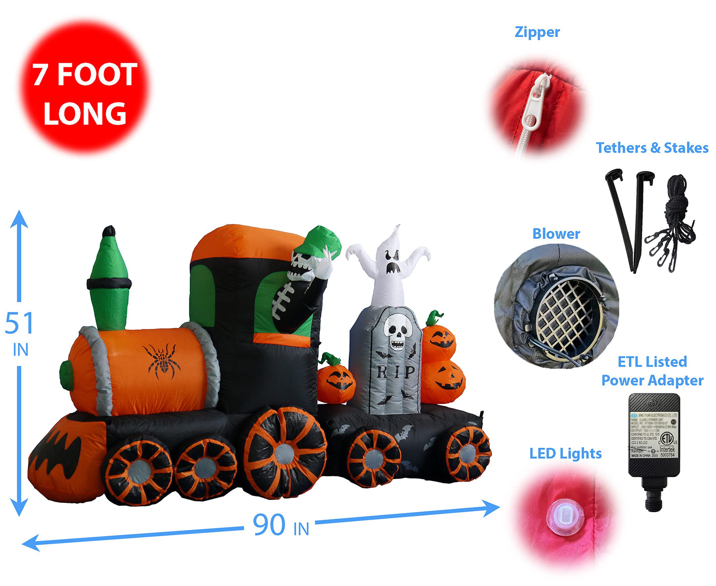 BZB Goods 7 Foot Long Halloween Inflatable Skeleton on Train LED Lights Outdoor Indoor Holiday Decorations, Blow up Lighted Yard Decor, Giant Lawn Inflatable Home Garden Party Favor Decoration