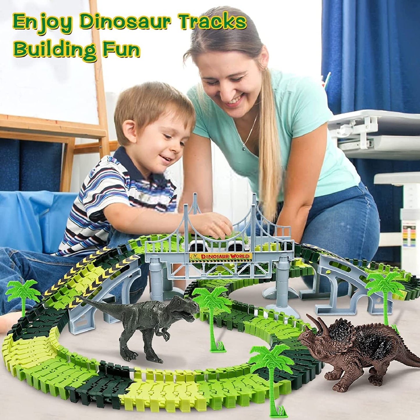 Dinosaur Toys for 3-7+ Year Old Boys Girls, Flexible Tracks Race Car Set, World Road Race Birthday Gift for Kids Aged 3-5