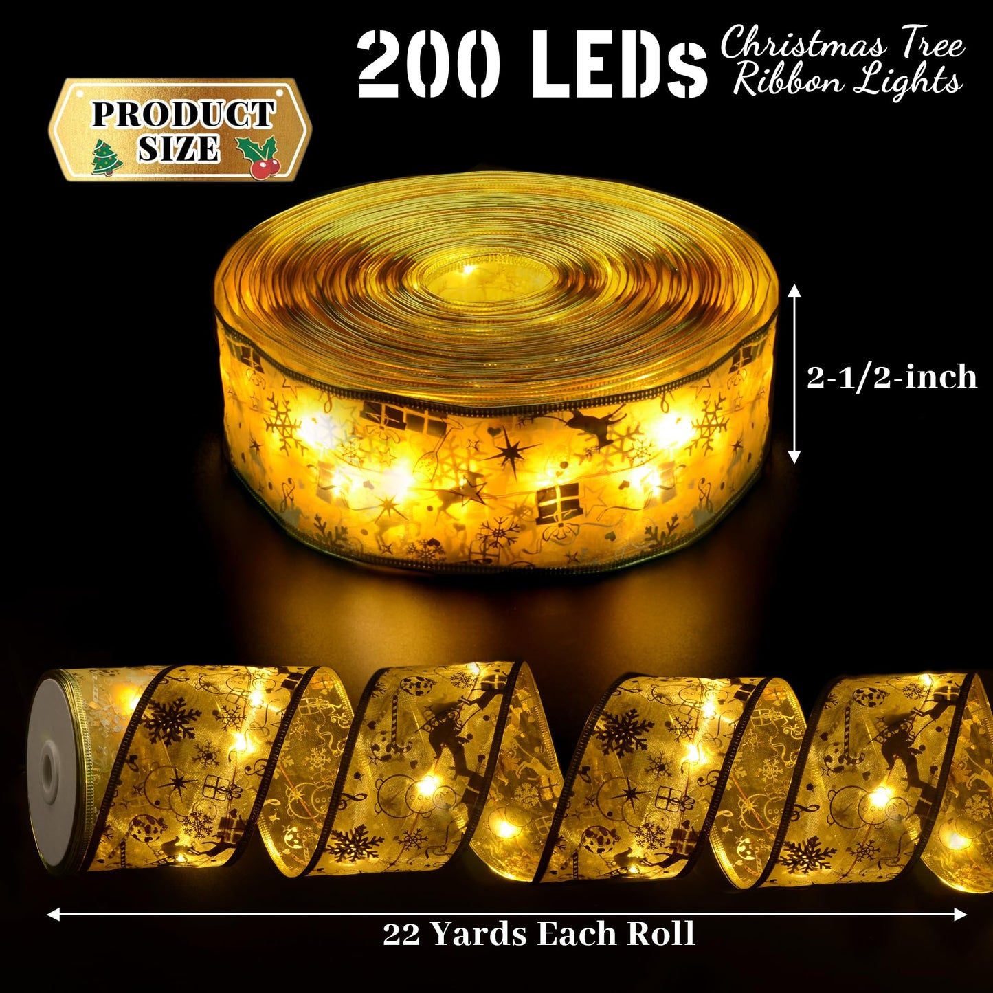 Vimorg Christmas Decorations - 2.5Inch x 66Ft 200 Led Christmas Tree Ribbon Lights with 8 Lighting Modes, Battery Operated & USB Powered Fairy String Lights with Timer for Xmas Tree Decor