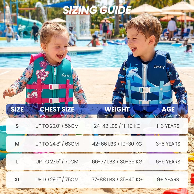 Zeraty Toddler Swim Vest Neoprene Kids Float Jacket Swimming Aid for Children with Adjustable Safety Strap Age 2-9+ Years/36-88Lbs