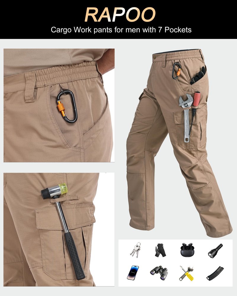 Rapoo Tactical Pants for Men Cargo Hiking Working Army Hunting Pants for Men with Multi Pockets Water Resistant Mens Construction Carpenter Pants Khaki 40Wx32L