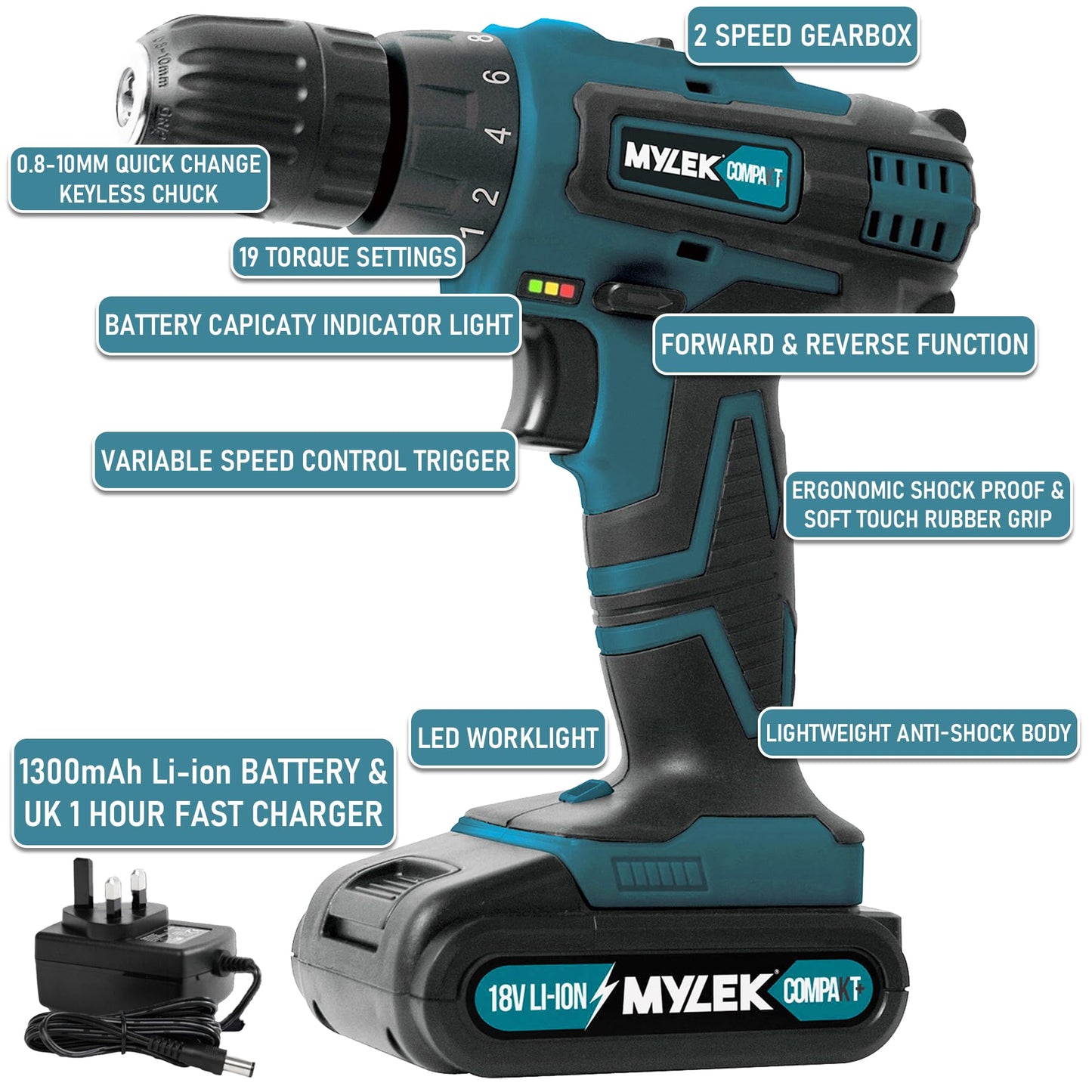 MYLEK MY18BCM1 Cordless Drill 18V, 1500 mAh Li-Ion Driver 28Nm, 1 Hour Electric Quick Charge, 2 Speed, LED Work Light, Carry Case with Accessory Kit, Variable Speed & Quick Stop Function