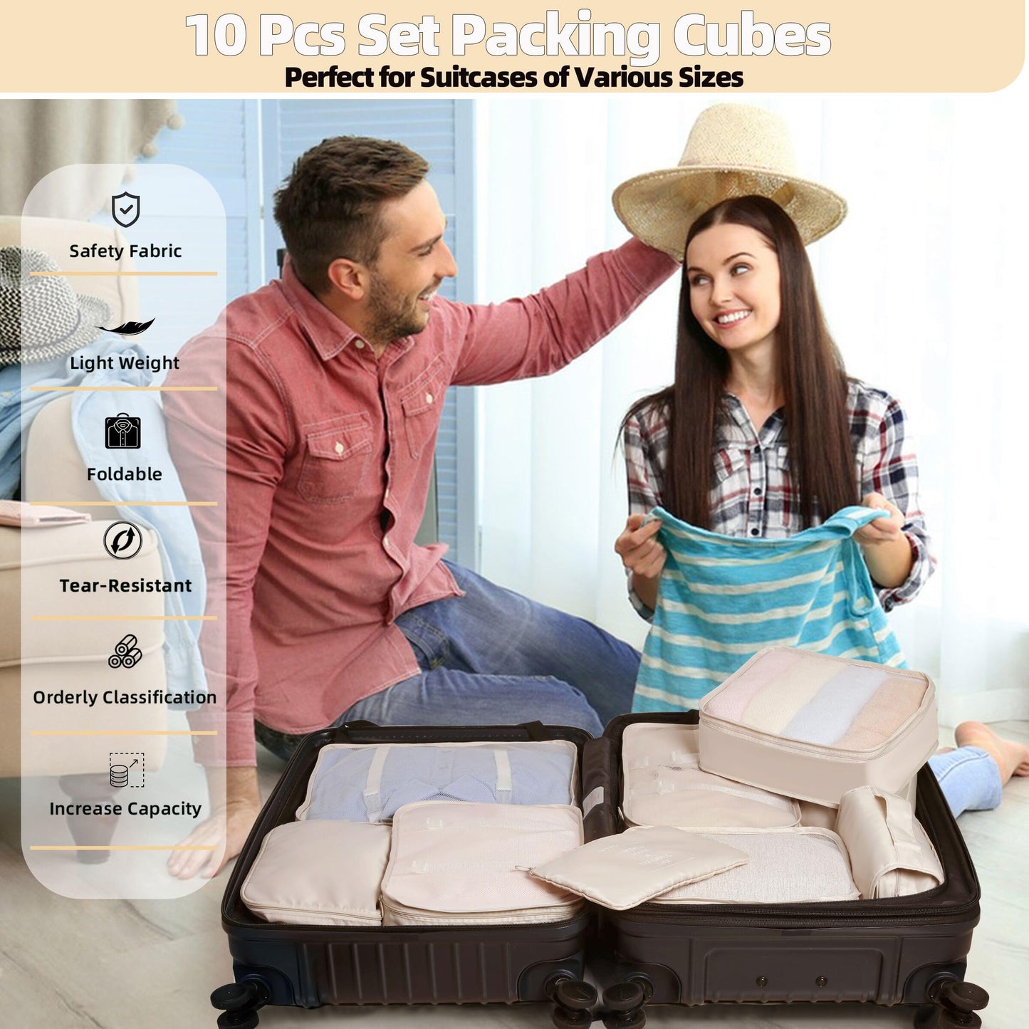 10 Pcs Set Packing Cubes For Travel Expandable Packing Organizers Luggage Organizers Bags Essentials Packing Cubes For Suitcases Travel Accessories (BEIGE)