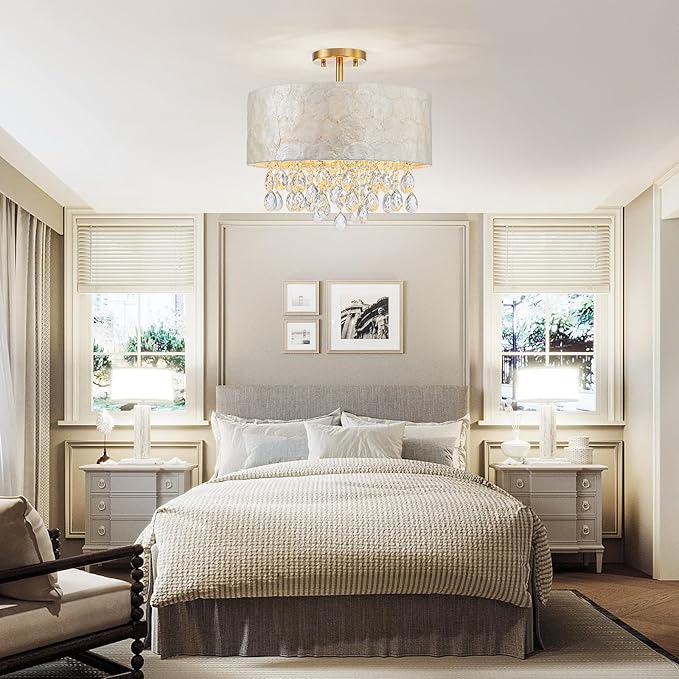 4-Lights Drum Capiz Shell Crystal Chandeliers, Coastal Design Semi-Flushmount Ceiling Light Fixture for Dining Room, Bedroom, D16xH16 inch, Shell Lampshade & Gold Finish