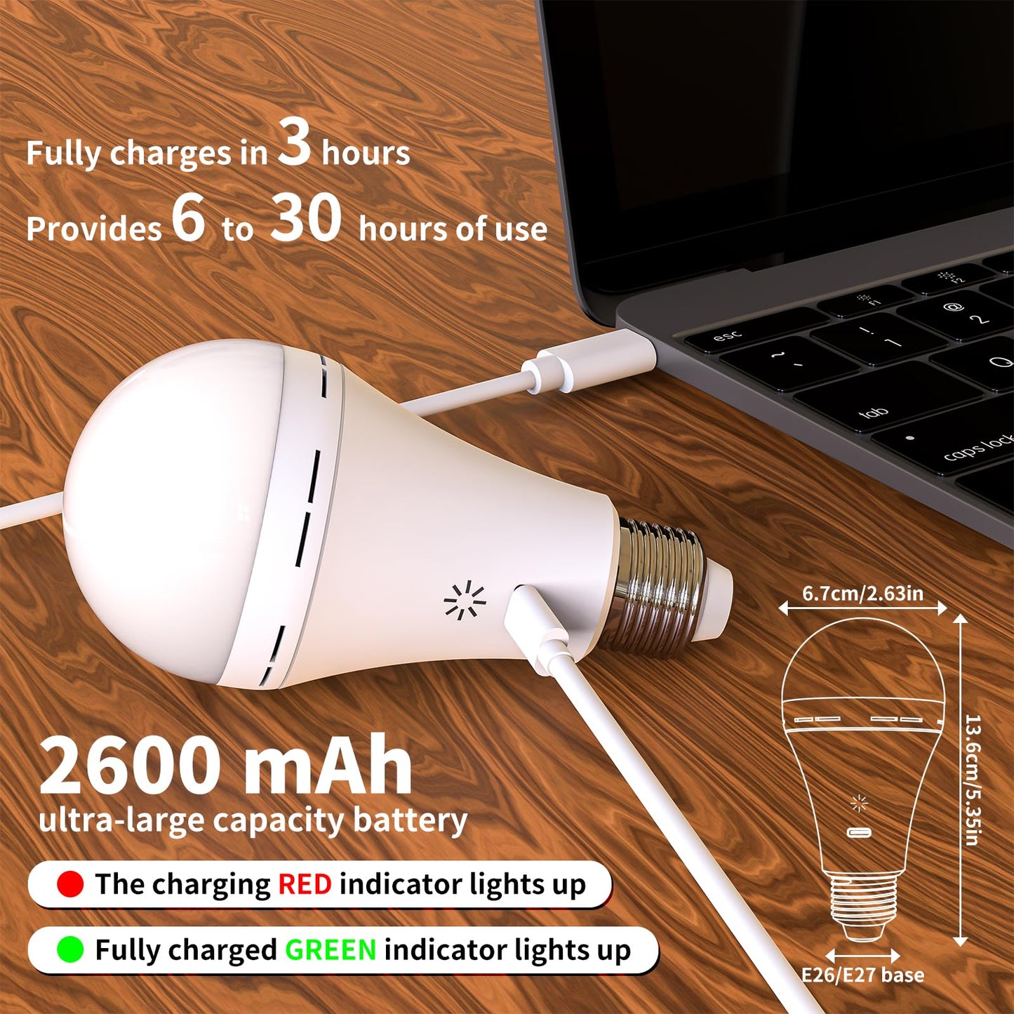 BOBOPAI USB Rechargeable Light Bulb with Remote Control, 2600mAh Battery Powered Light Bulbs E26 Touch Control Dimmable LED Bulb with Timer, Outdoor Emergency Bulb with Hook,3000K/2 Pack