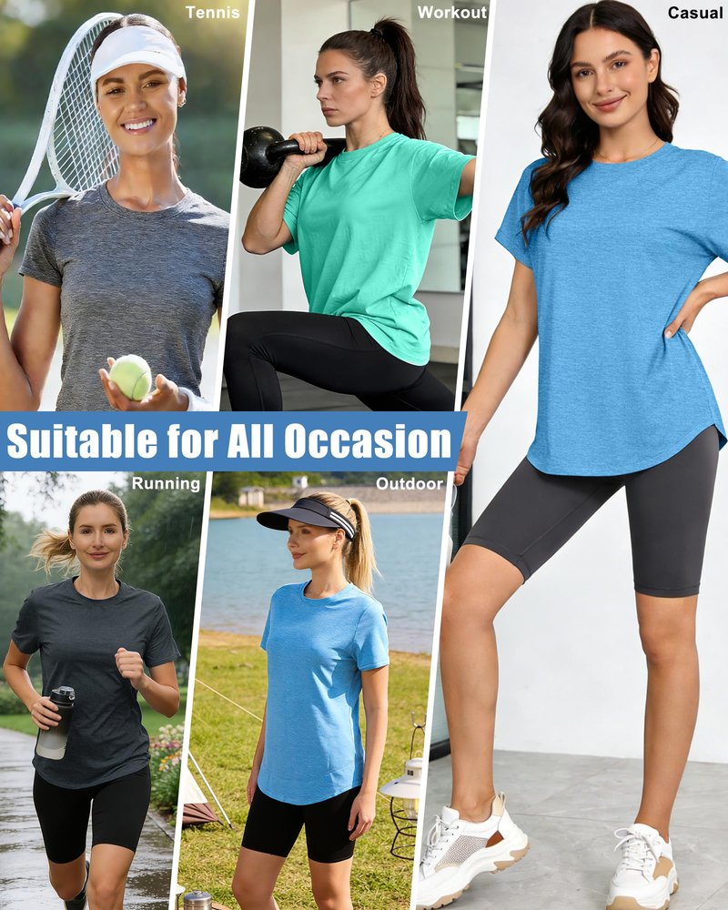 4 Pack Womens Workout Tops Short Sleeve Shirts Sun Protection UPF 50+ Quick Dry Running Outfits for Gym Hiking Loose Fit XL