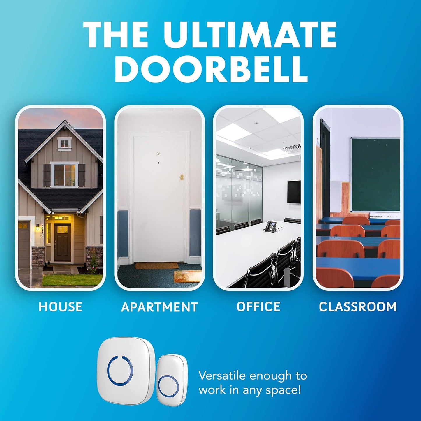 SadoTech Wireless Doorbells for Home, Apartments, Businesses, Classrooms, etc. - 1 Door Bell Ringer & 1 Plug-In Chime Receiver, Battery Operated, Easy-to-Use, Wireless Doorbell w/LED Flash, Black