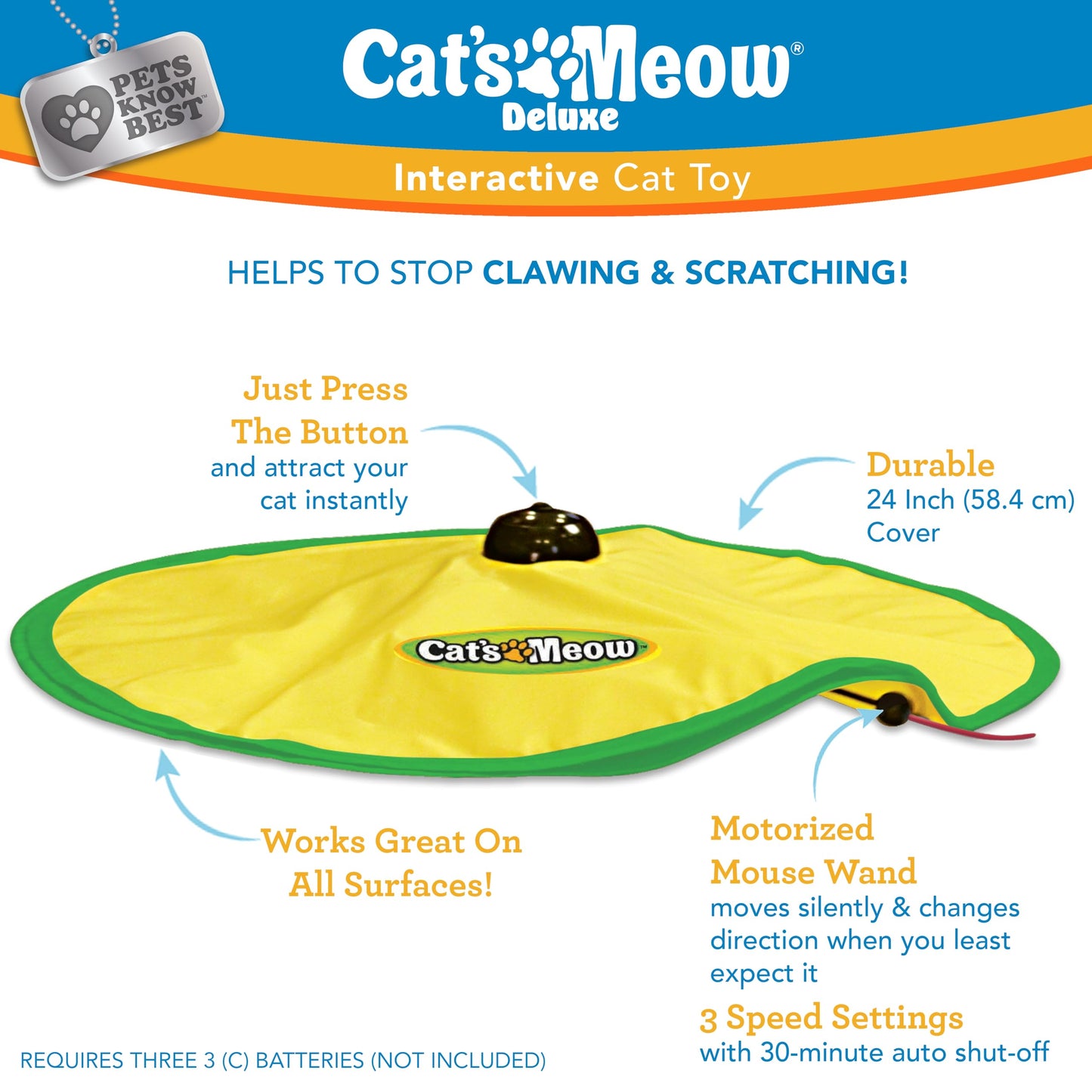 Cat's Meow Motorized Wand Cat Toy, Automatic 30 Minute Shut Off, 3 Speed Settings, The Toy Your Cat Can't Resist, Pets Know Best