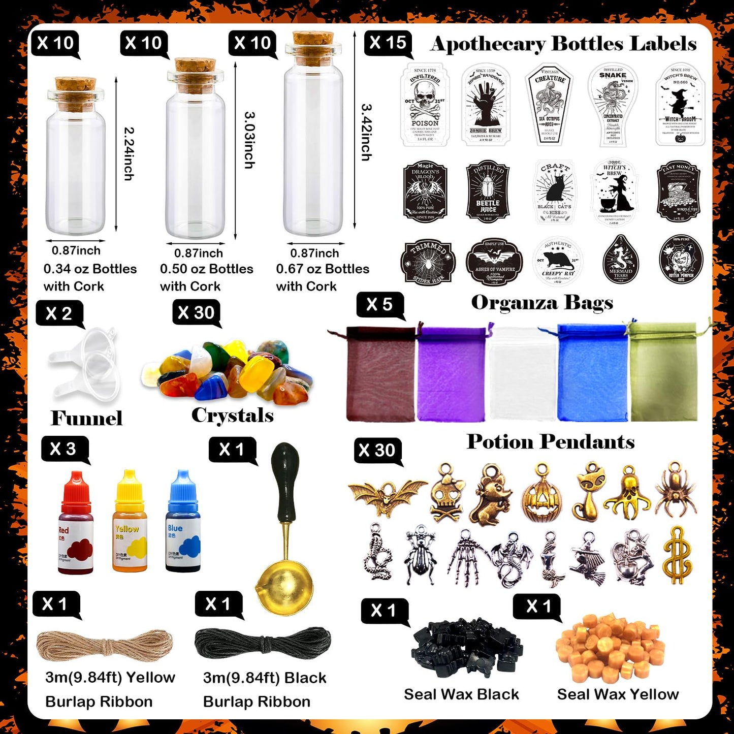 Ainswei Halloween Decorations Indoor,135Pcs Potion Bottles Halloween Decor,Witch Halloween Decorations with Stone,Apothecary Witch Lables Decoration For Home Room Party Supplies