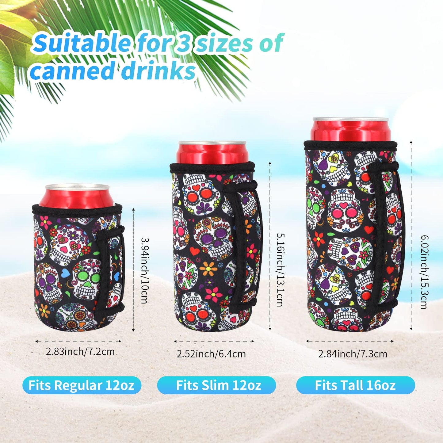 3 Pack Reusable Neoprene Insulated Can Sleeve with Handle for Soda, Energy drink, Pop, Beer, Hard Seltzer, Can Coosies For 12oz & 16oz Can, 12oz Slim can (Floral Sugar Skull(3Pack))