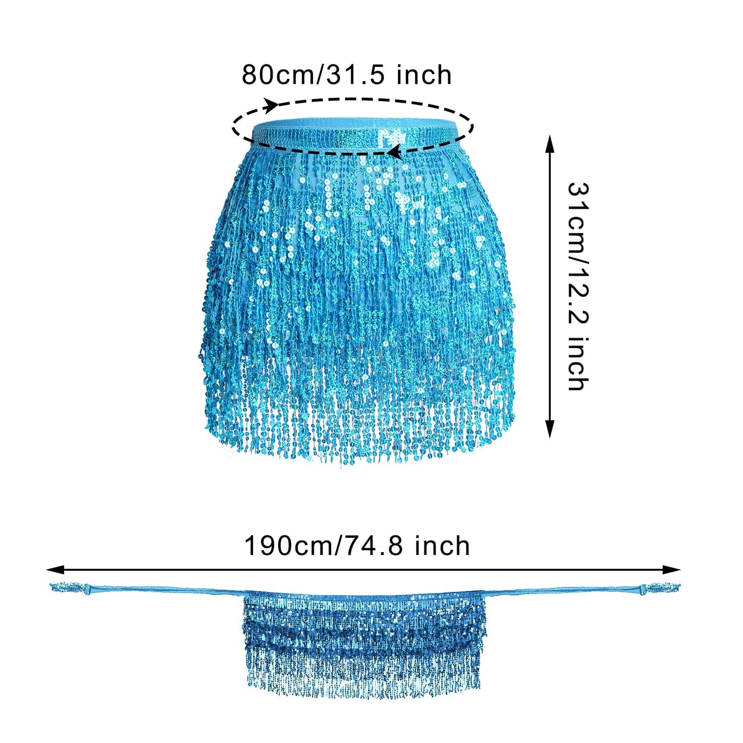 Belly Dance Hip Scarf Sequin Tassel Skirt Performance Outfits Sparkly Fringe Wrap Halloween Costume Party Rave Festival for Women and Girls, Blue