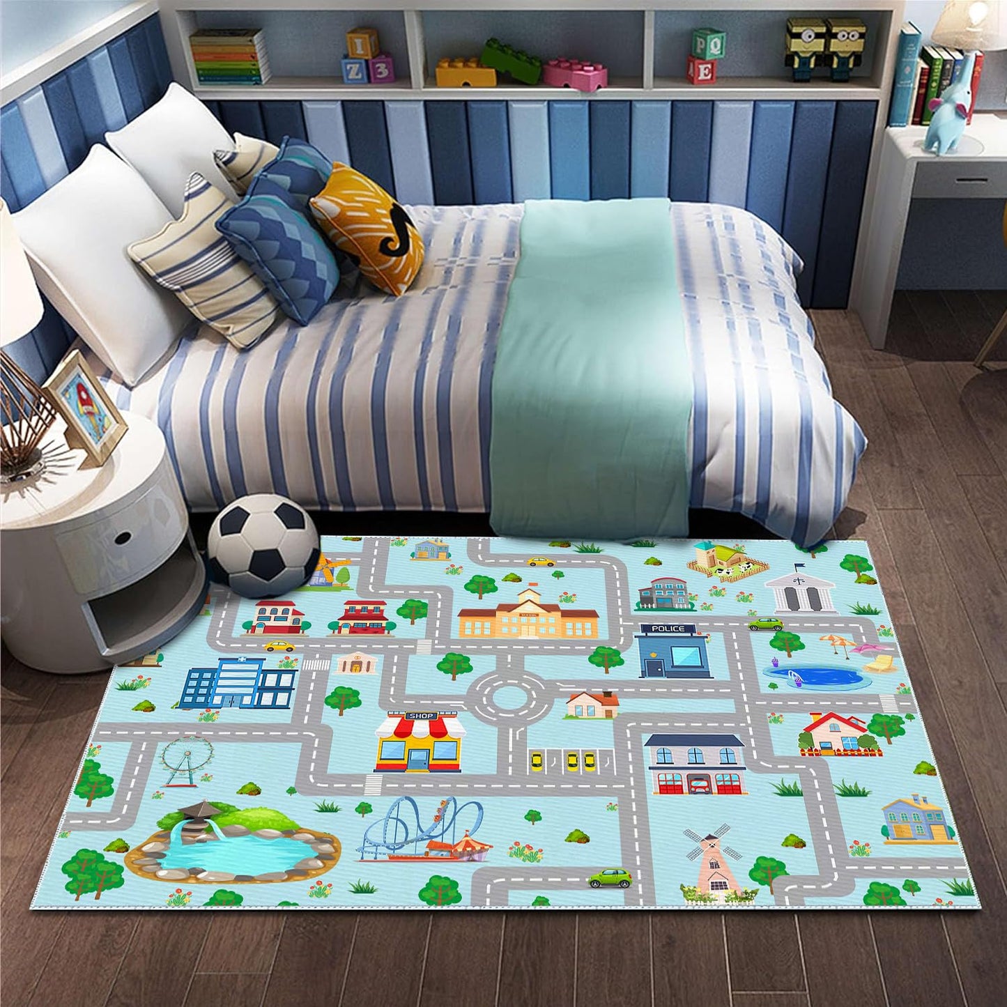 DoRlPIeY Kids Car Rug, 2' 7" x 4' City Life Road Traffic Game Carpet for Race Cars & Toys, Fun Non-Slip Race Track Educational Floor Area Playmat for Toddler Boys Bedroom Playroom Classroom Blue
