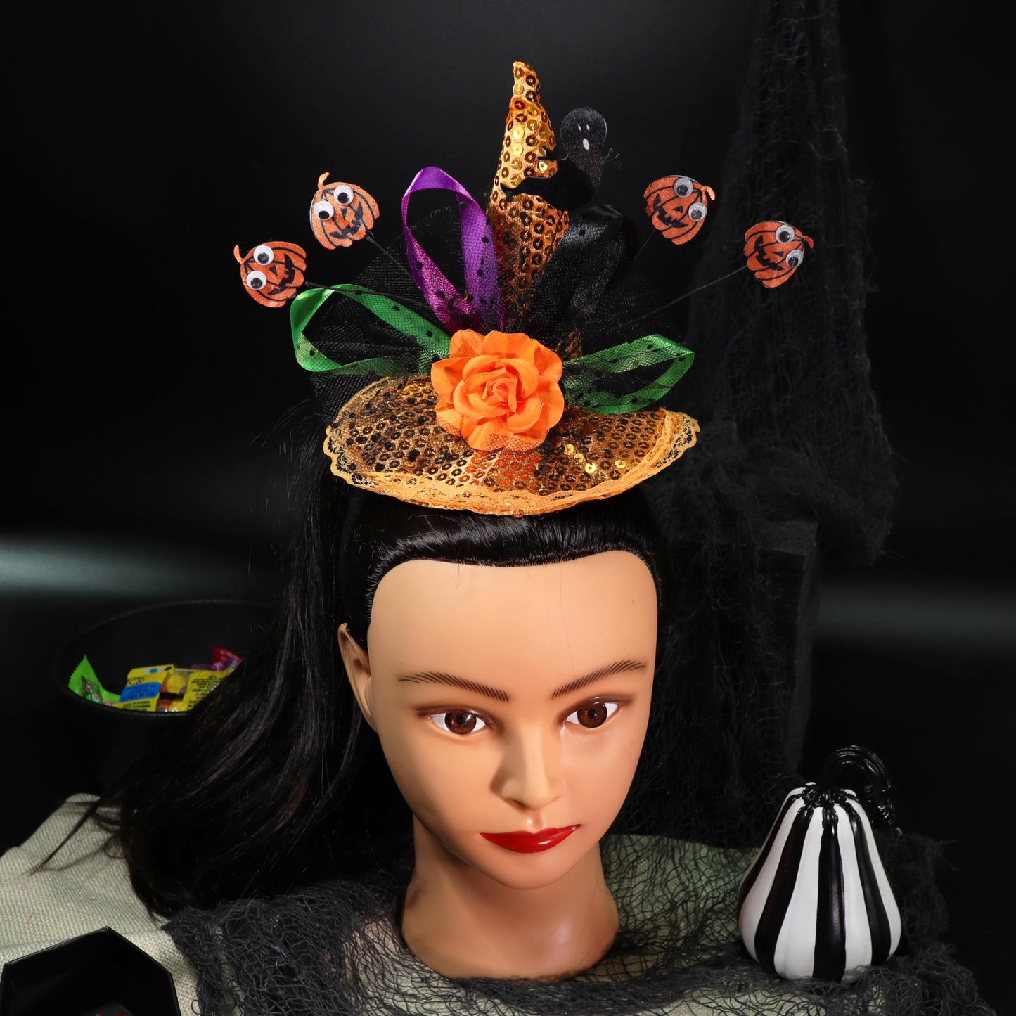 Needzo Ghost and Pumpkin Orange Sequins Witch Hat Halloween Headband