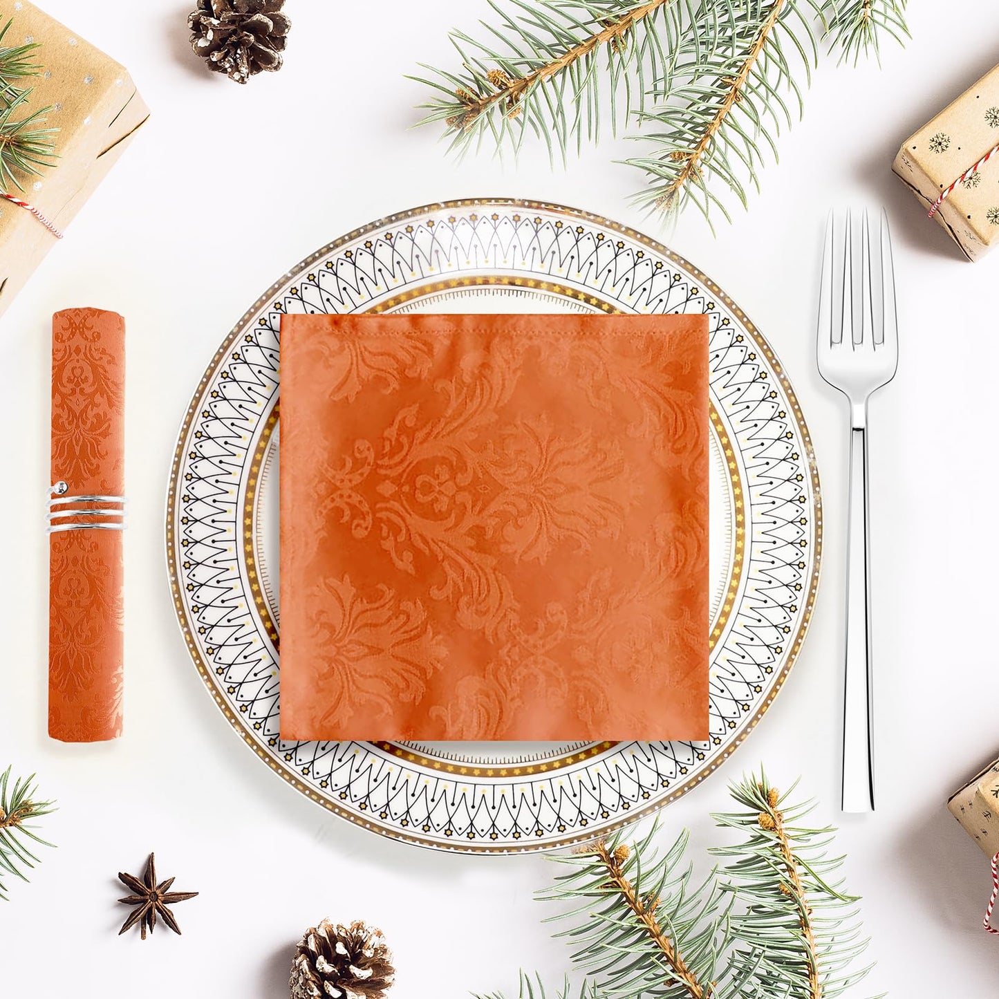 SASTYBALE Rust Jacquard Square Napkin, Damask Wrinkle Free Soft Polyester Napkins, Thanksgiving Fabric Cloth Napkins for Christmas, Wedding,Holiday, Party, Dinners, Set of 4 (Rust, 20X20 inch Napkin)
