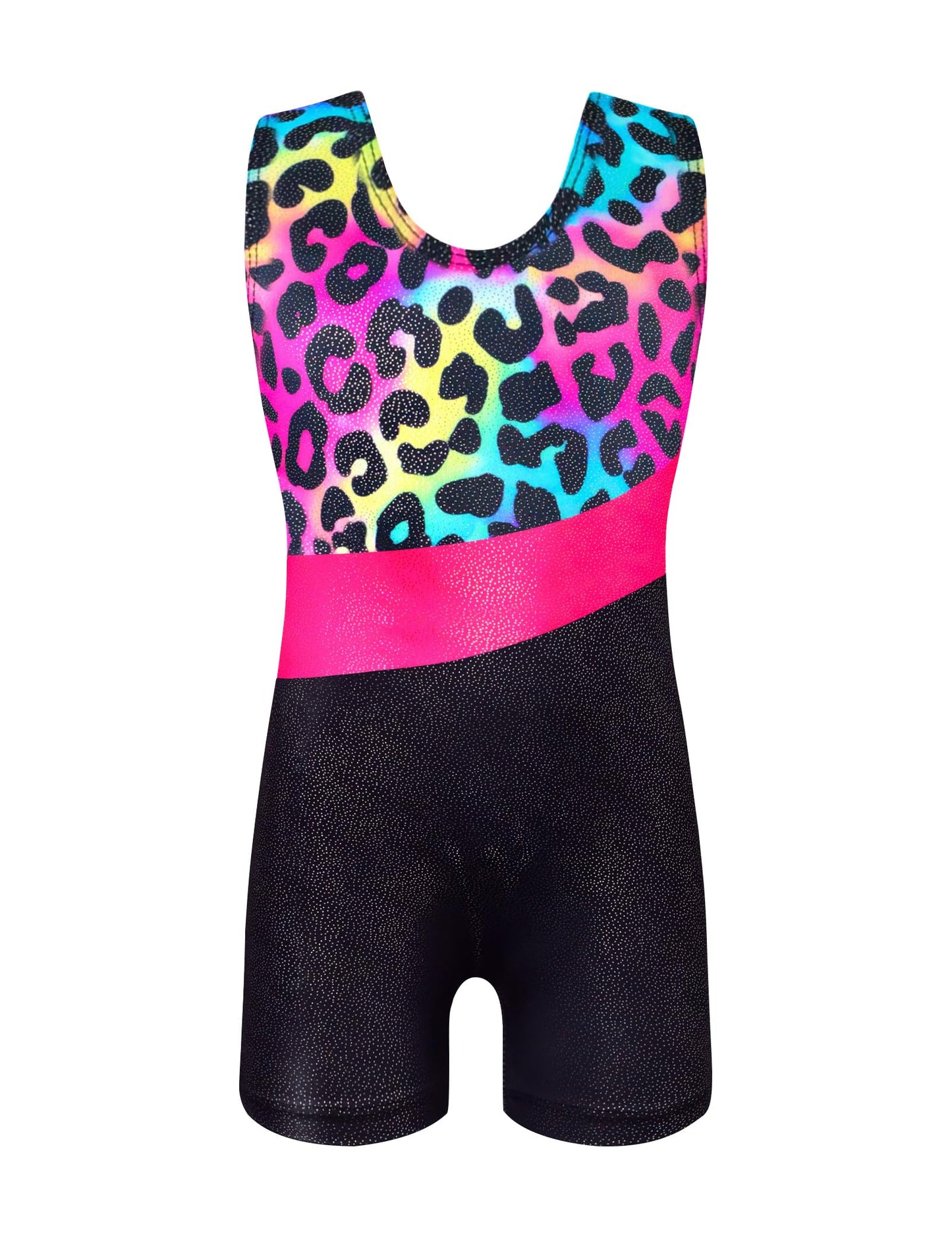 Girls Leotards for Gymnastics Size 5-6 Years Old Shiny Rainbow Leopard Black Biketards with Shorts