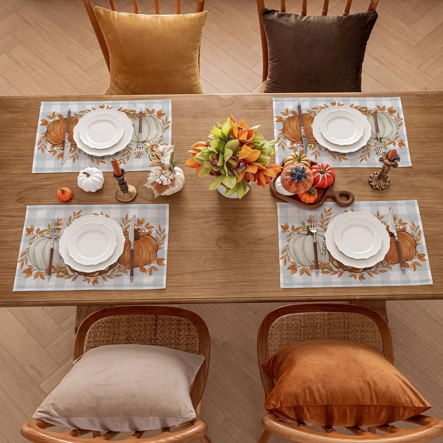 Romanstile Fall Placemats Set of 4-12 X 18 Inch - Thanksgiving Autumn Harvest Pumpkin Buffalo Plaid Place Mats, Stain Resistant Wipeable Table Mats for Party/Dining/Holiday- Grey Blue Checkered