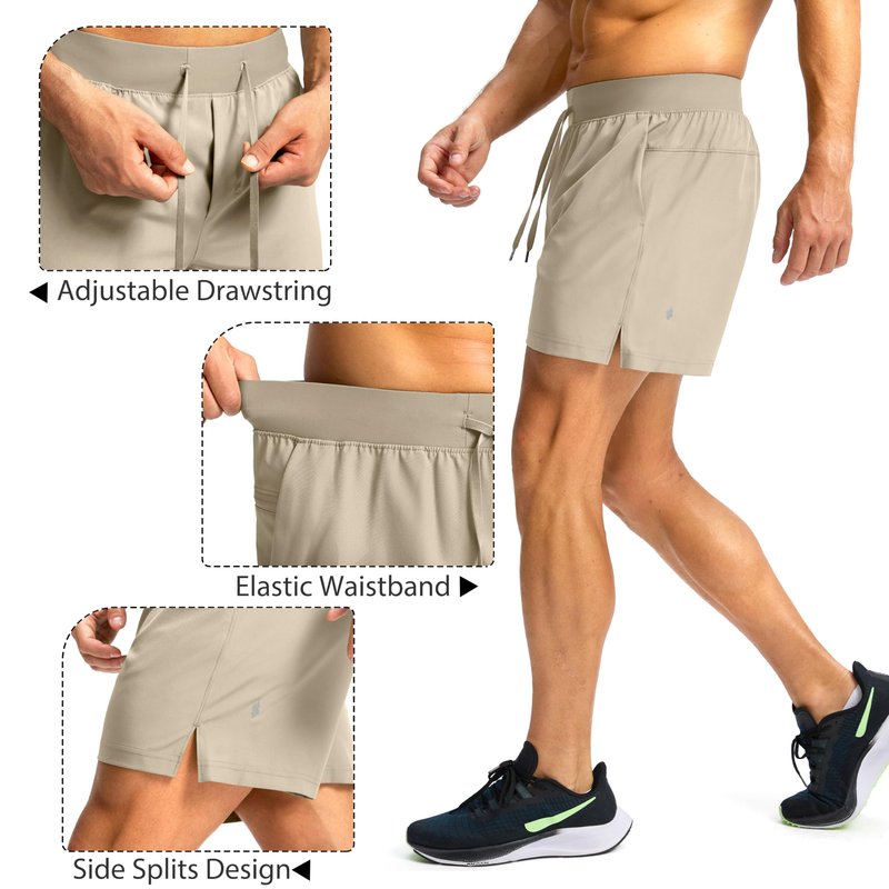 Soothfeel Men's Running Shorts with Zipper Pockets 9"/ 7"/ 5" Lightweight Quick Dry Basketball Gym Workout Athletic Shorts for Men (Khaki, L)