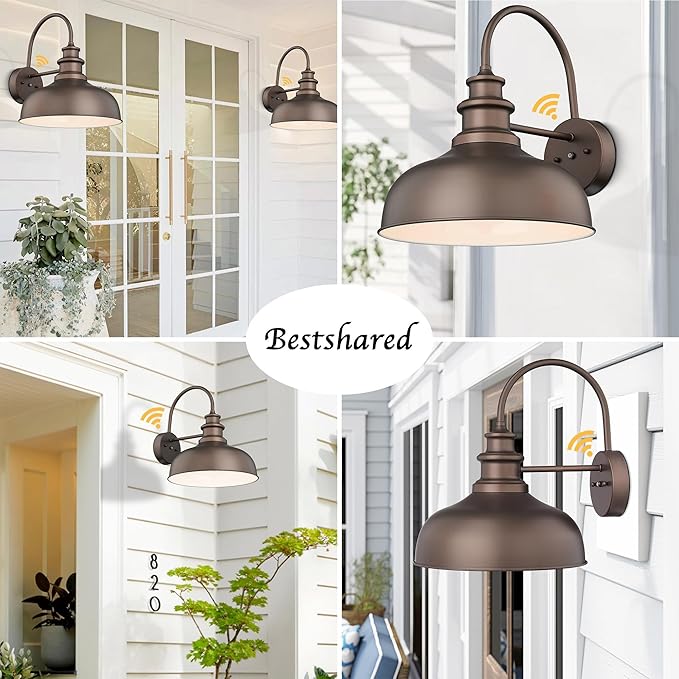 Bestshared 14 Inch Dome Dusk to Dawn Sensor Gooseneck Barn Lights Farmhouse Outdoor Wall Sconce Industrial Outdoor Wall Lights Exterior Lighting Fixture for Front Door, Entryway (ORB+White, 14"-1Pack)