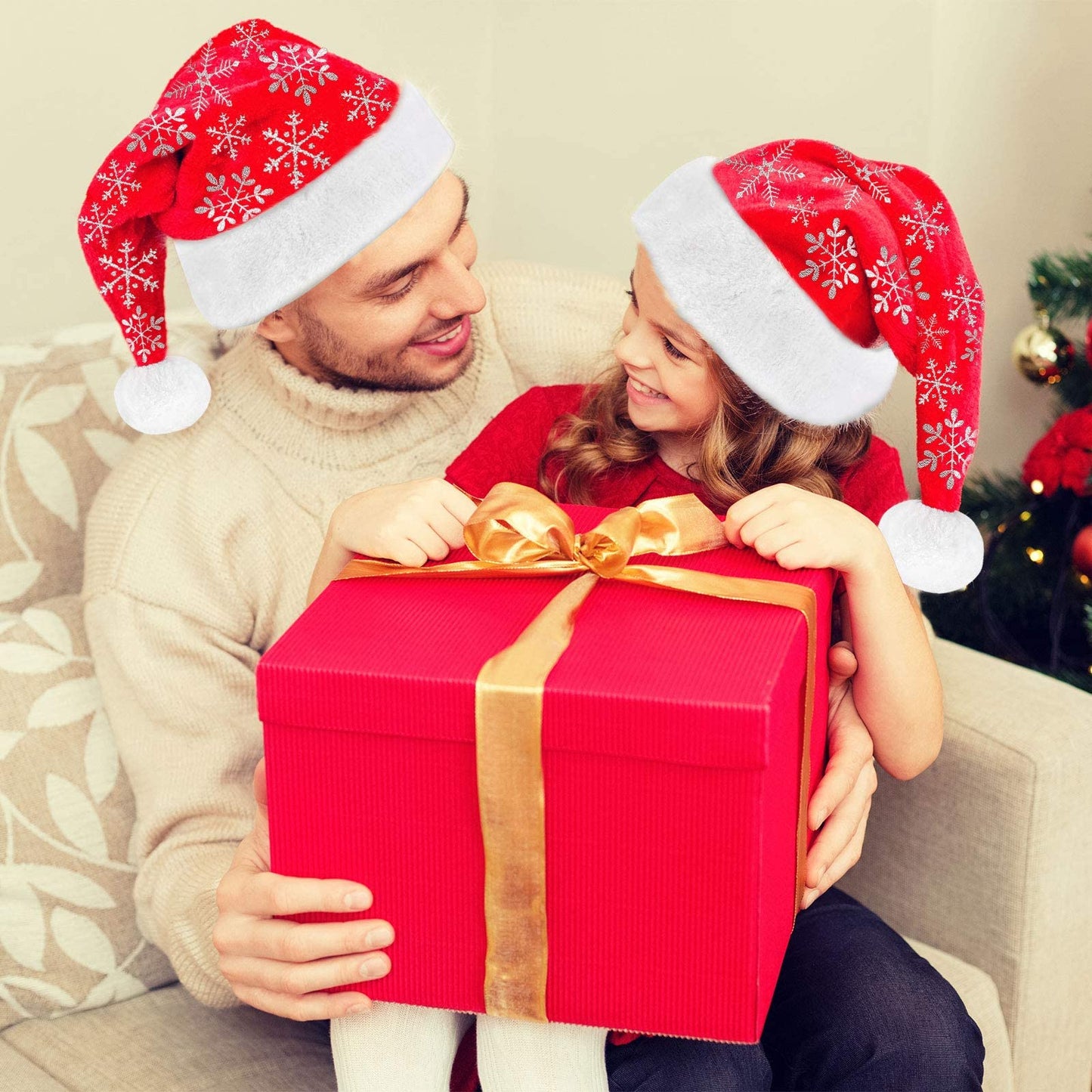 LessMo 4 Pcak Christmas Santa Hat, Santa Hat Adults Christmas Hats, Reusable Double Liner Plush with Snowflake Pattern, for Children Kids Christmas New Year Festive Holiday Party Supplies