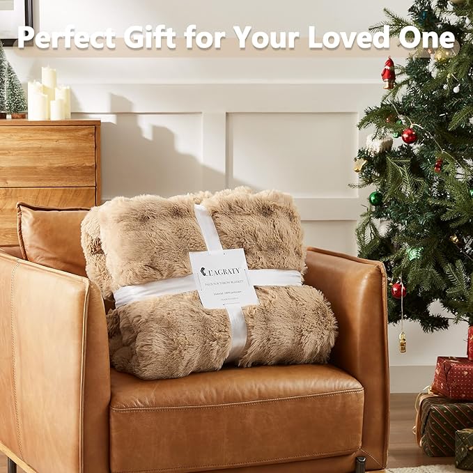 L'AGRATY Faux Rabbit Fur Blanket: 50" x 60" Luxury Soft Fluffy Thick Fur Throw Blanket for Couch Bed - Cozy Plush Bubble Blankets for Winter: Warm Flannel Fleece Decorative Blanket(Milk Tea Brown)