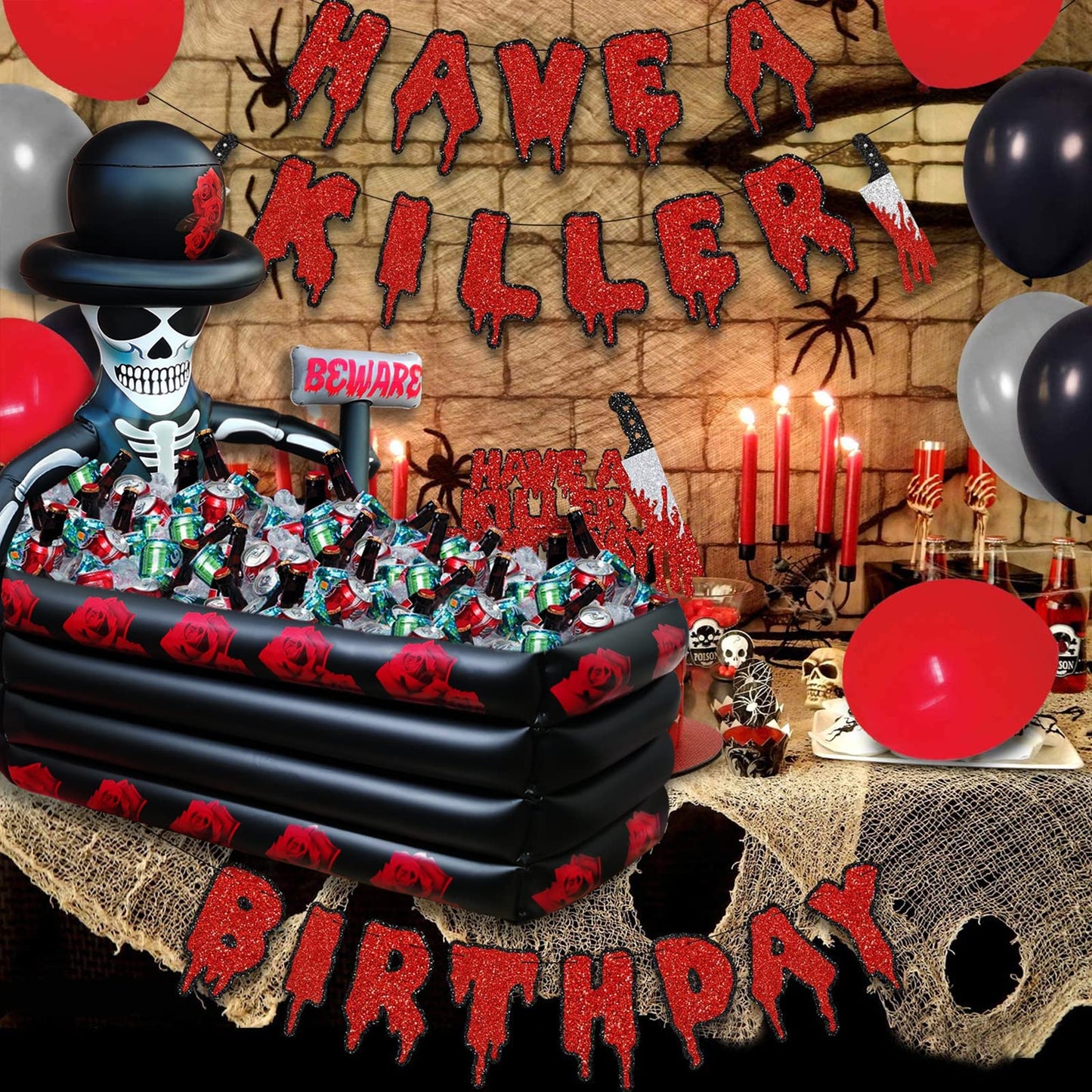 43 Inch Halloween Birthday Party Decorations Inflatable Cooler, 120+ Cans Halloween Supplies Large Capacity Scary Coffin Skeleton for Drink Beverage Holder, Party Favors for Adults Outdoor Indoor