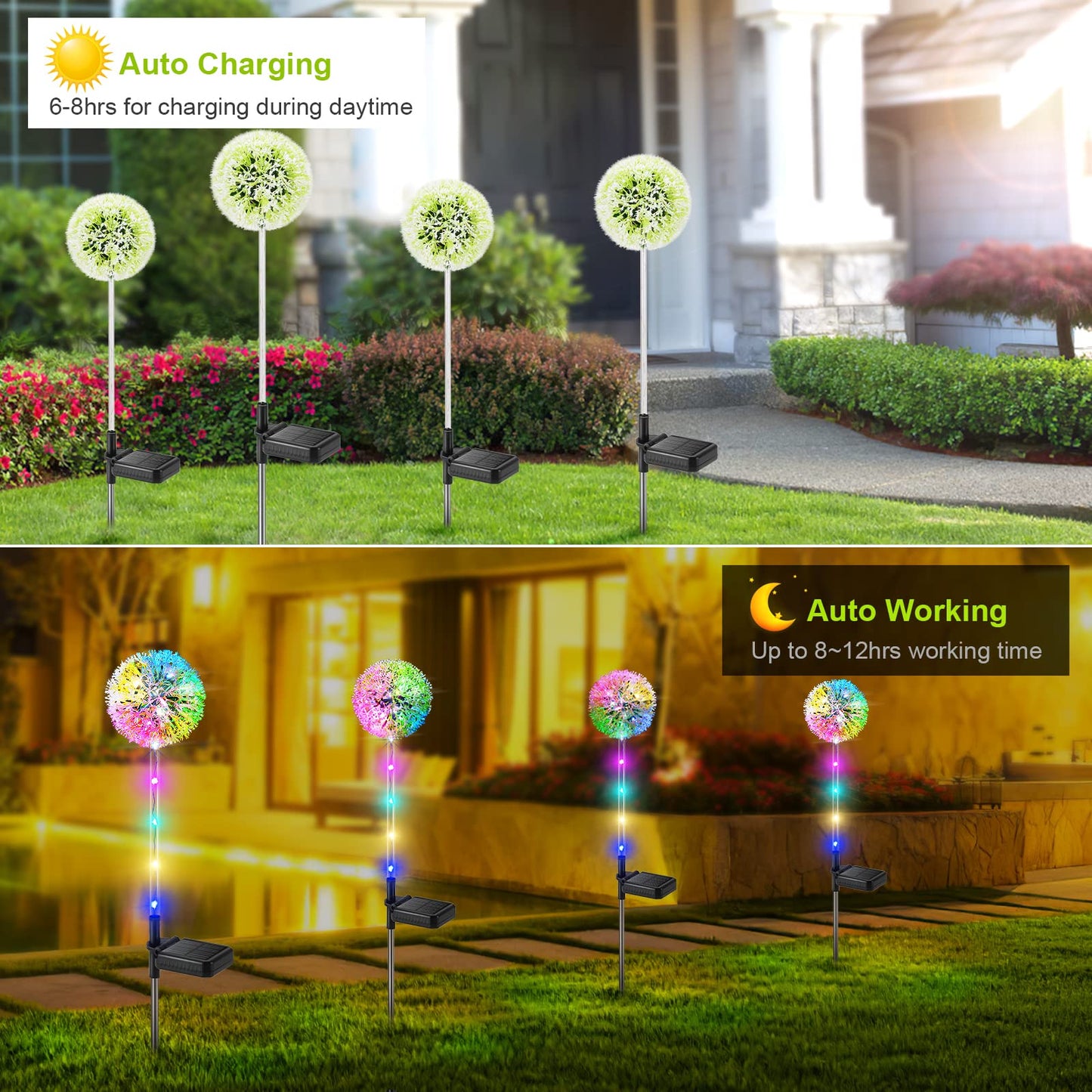 BUCASA Solar Lights Outdoor Garden, 4 Pack Dandelion Garden Lights with 16 Colourful LEDs, Waterproof Solar Flower Lights for Lawn Yard Garden Ornaments Outdoor Christmas Decorations