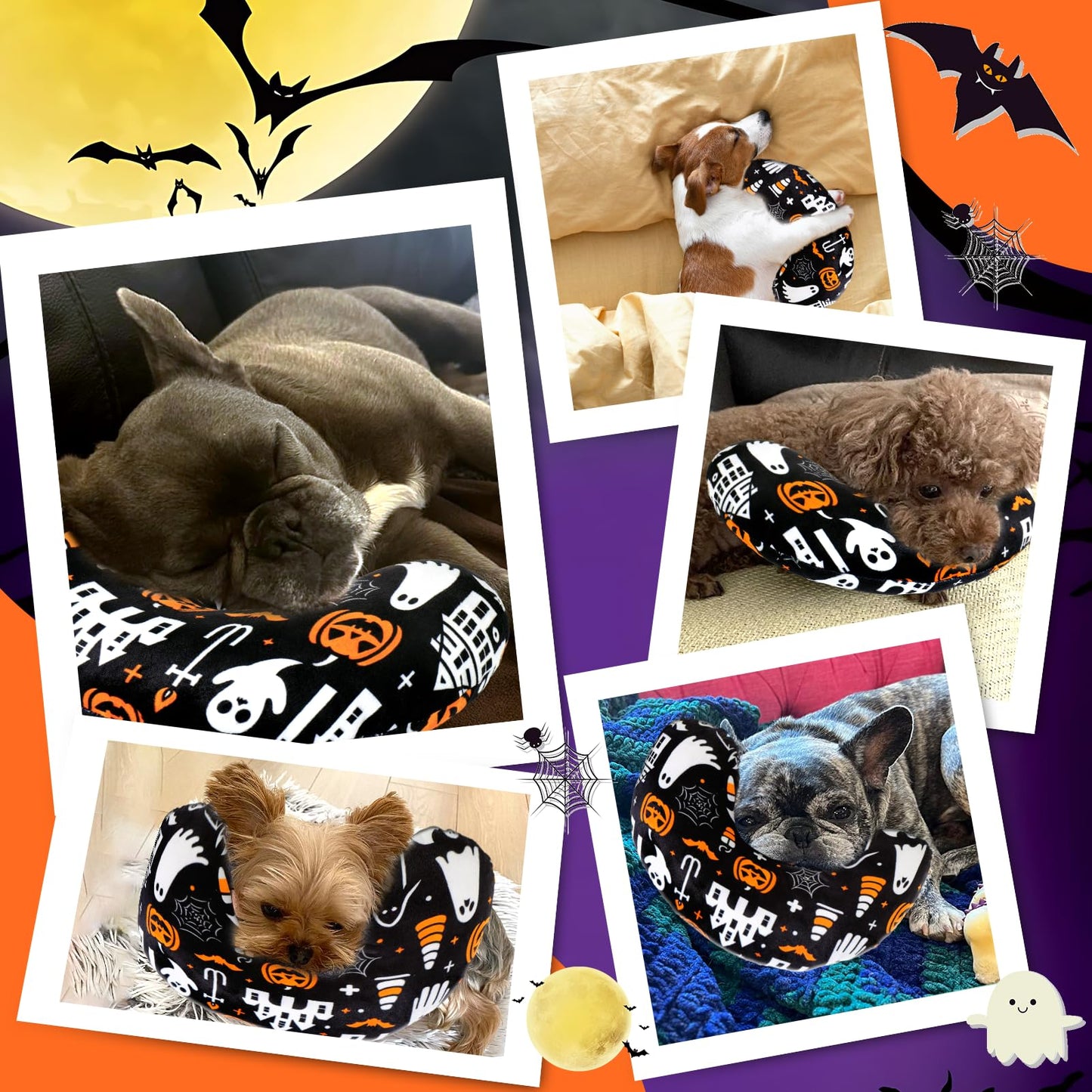 BABORUI Dog Pillow for Small Dogs, U Shaped Dog Neck Calming Pillow for Joint Relief Sleeping Improve, Machine Washable Pet Pillow for Dogs & Cats(Halloween)