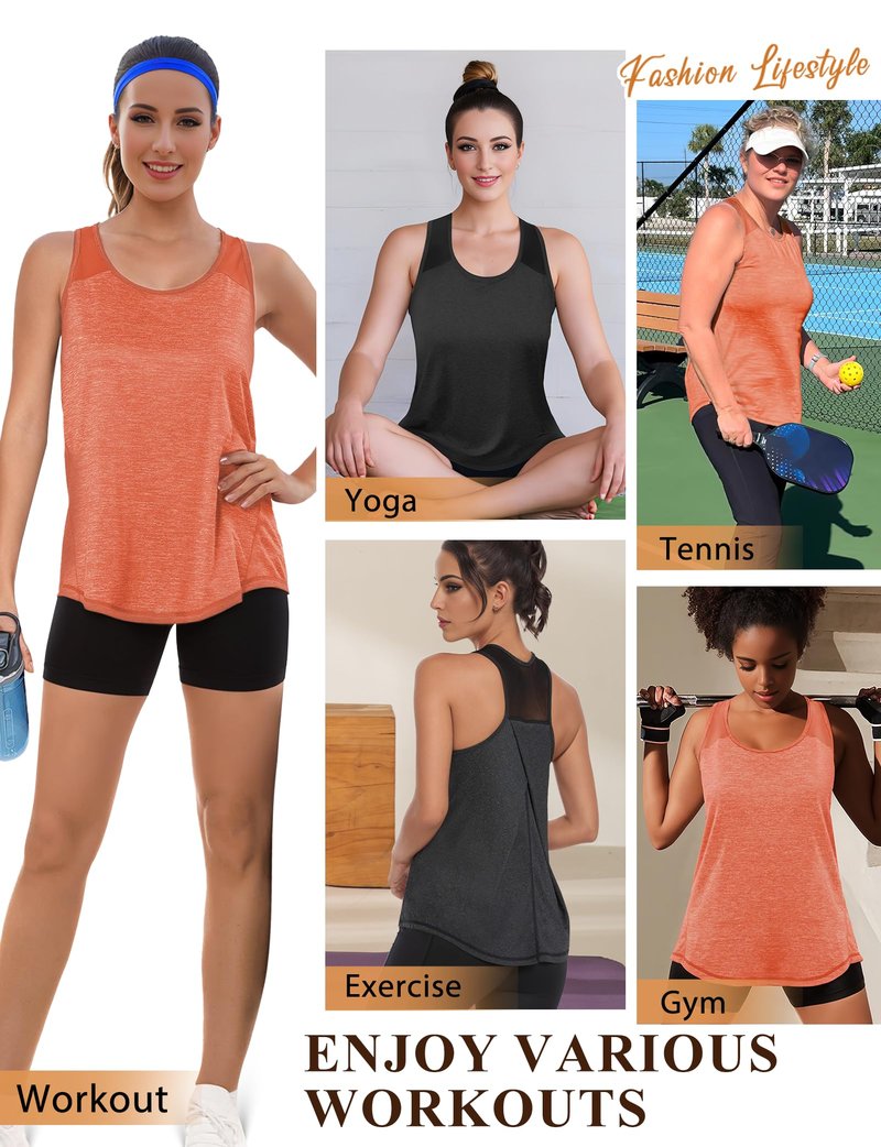 AURUZA Womens Workout Tops, Racerback Tank Tops for Women Athletic Yoga Tops Mesh Tennis Shirts Running Sleeveless Gym Top (Black, X-Large)