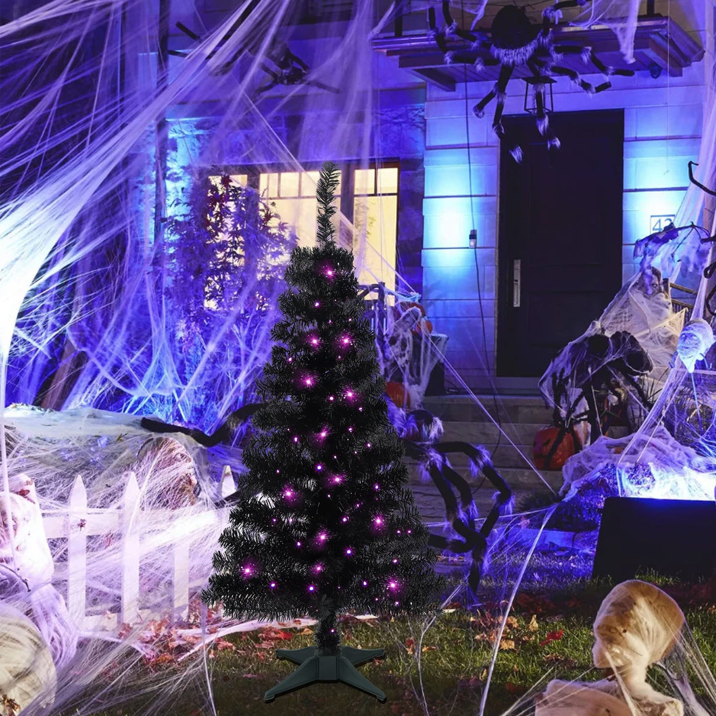 Juegoal Lighted Artificial Halloween Black Christmas Tree, 4FT Black Tinsel Pine Tree with 70 LED Purple Lights, 8 Modes & Timer for Home Party Decorations