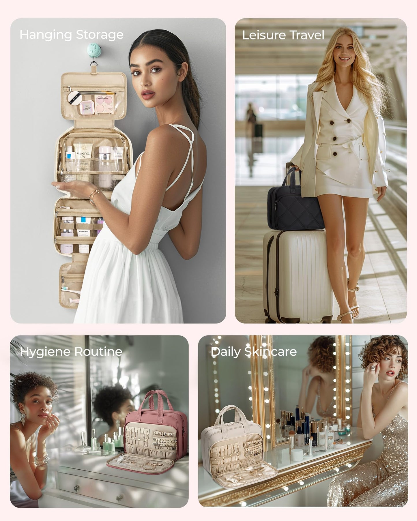 BAGSMART HangingToiletry Bag for Women, Puffy Travel Toiletry Bag with Jewelry Organizer, Waterproof Cosmetic Makeup Bag Compartment, Toiletries Kit Set for Traveling, Accessories, Essentials (Large)