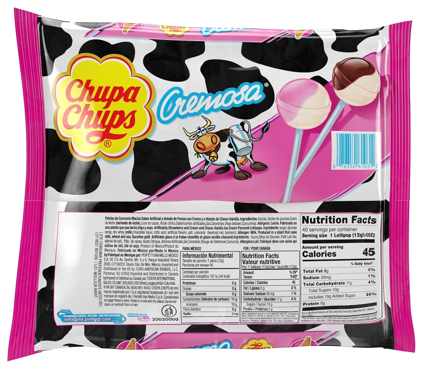 Chupa Chups Cremosa Lollipop Assortment, 2 Ice Cream Flavors, Individually Wrapped Candy for Kids, 16.9 Oz Bag (40 Suckers)