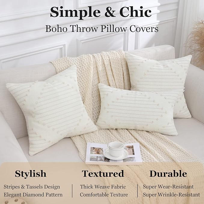 Mecatny Boho Outdoor Throw Pillow Covers 18X18 Set of 2, Farmhouse Decorative Pillow Covers for Couch Sofa Living Room, Beige & Cream White