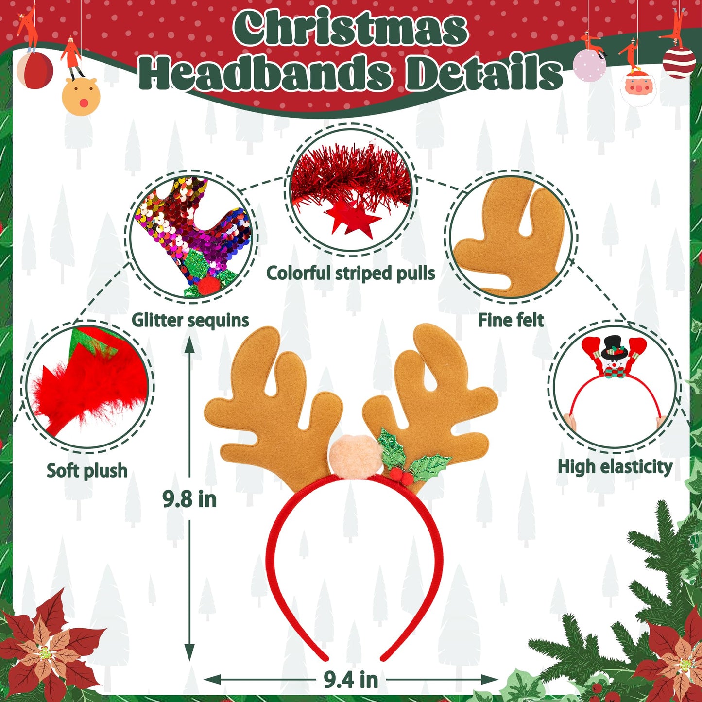 HOVACY 30 PCS Christmas Headbands, 15 Styles Christmas Headwear, Reindeer Antler Headbands, Santa Claus Xmas Tree Headpieces, Party Supplies, Christmas Decor for Womens Adult