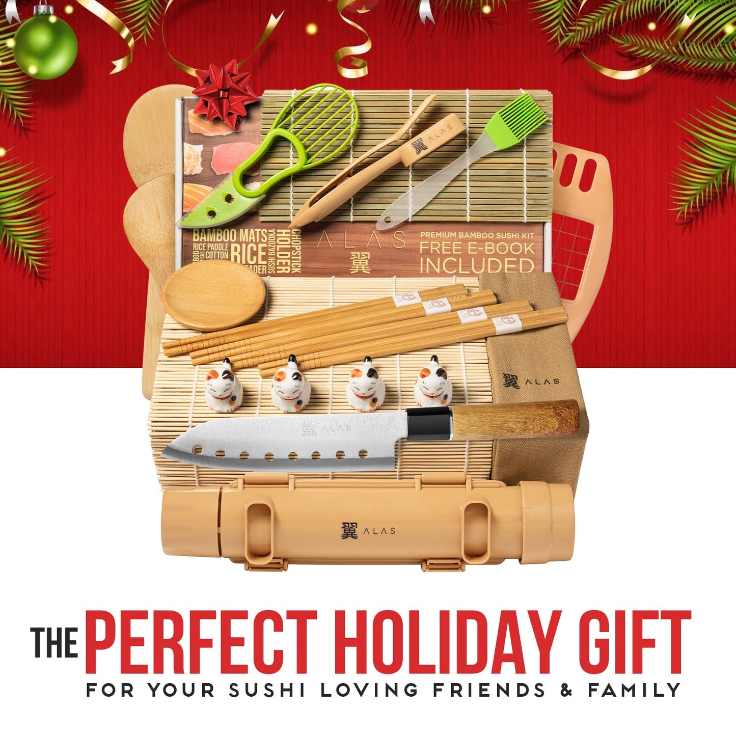 Alas Complete 20 Piece Sushi Making Set - Kit for Beginners & Pros with Knife, 2 Mats, Rice Bazooka and Dipping Plate