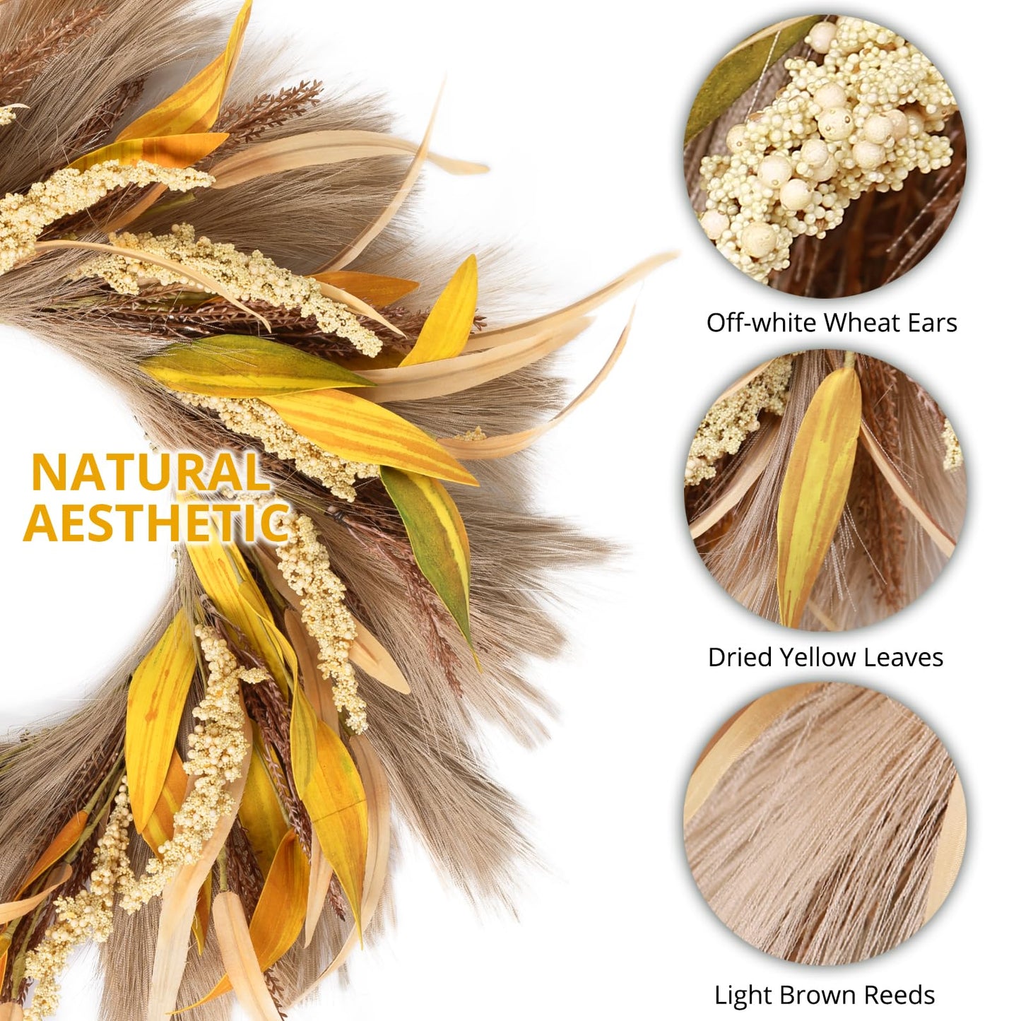 Fall Wreath 22-24inch Autumn Door Wreath with Yellow Leaves, Light Brown Reeds,Beige Wheat Ears for Farmhouse Indoor Outdoor Window Wall Thanksgiving Decor