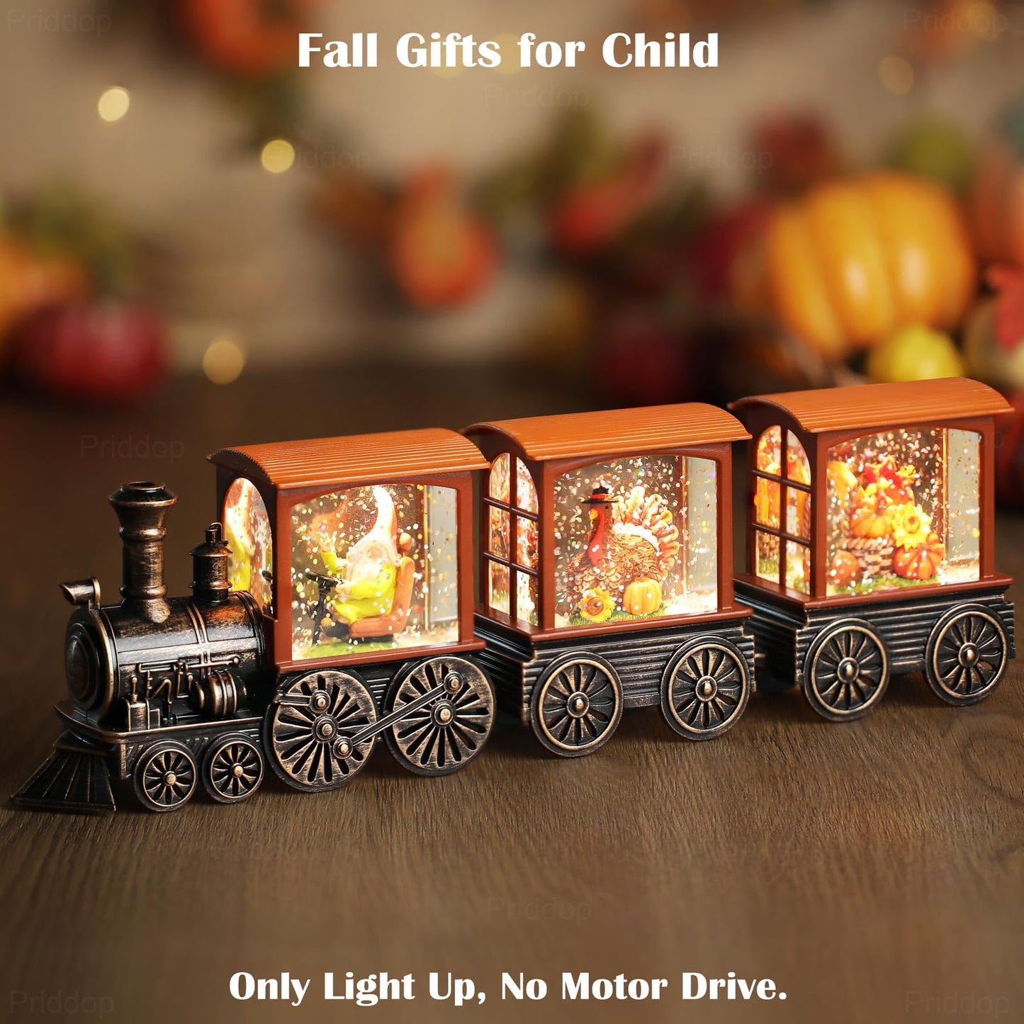 Priddop Fall Snow Globe Train Gnome Turkey Pumpkin Classic Relief Texture Battery Powered LED Glitter Fall Decorations for Home Autumn Harvest Thanksgiving Gifts