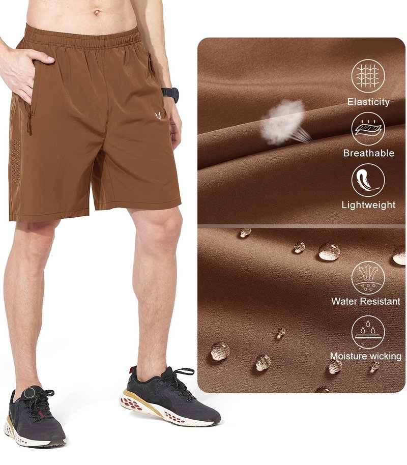 NORTHYARD Men's Athletic Running Shorts Gym Workout 7"/9"/5" Quick Dry Lightweight Sports Basketball Tennis 3 Zipper Pockets Brown 3XL