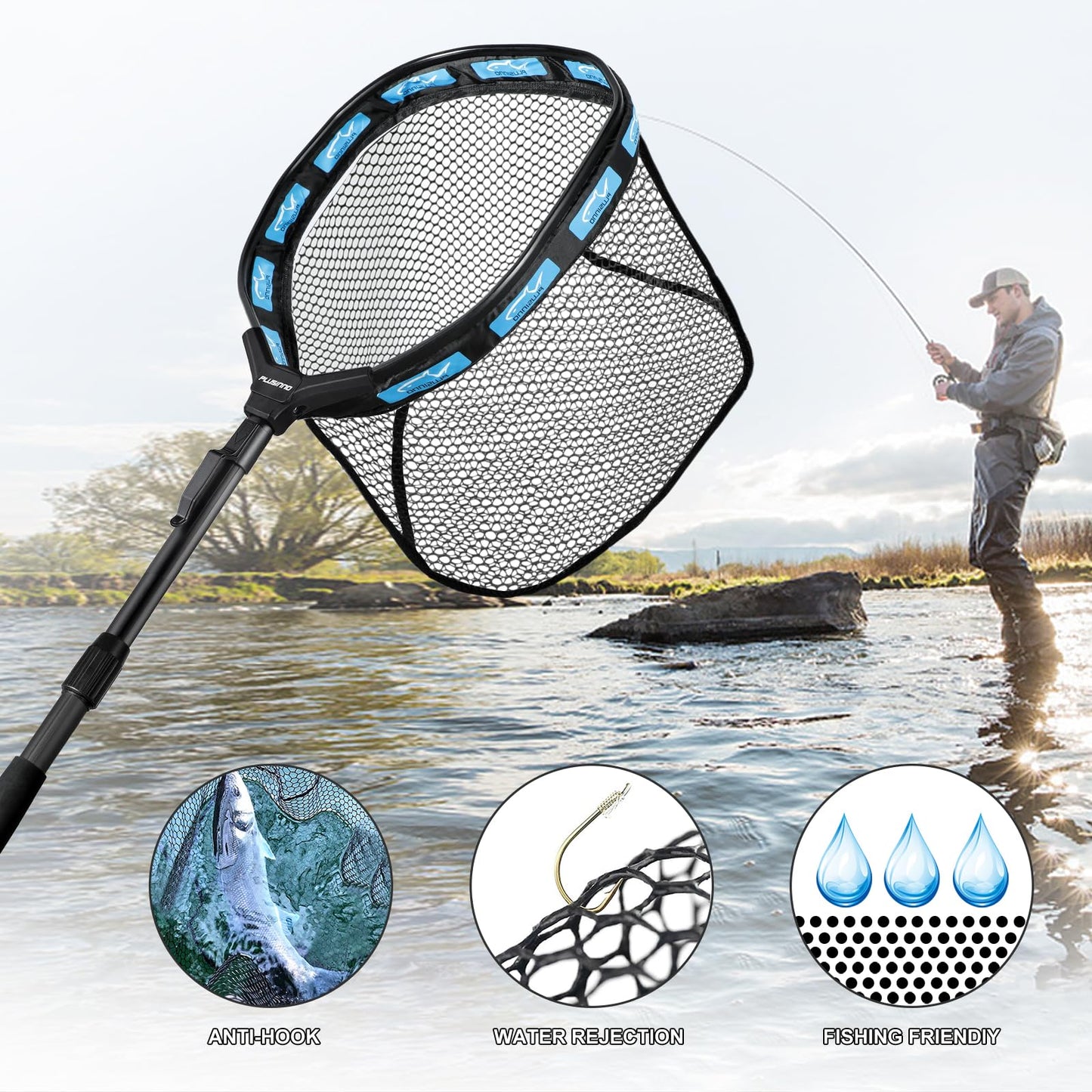 PLUSINNO Fishing Net Fish Floating Landing Net, Kayak Nets with Fixed Foldable Telescopic Pole Handle, Bass Trout Fishing Nets with Nylon Mesh for Pond Lake River, Fishing Gear Gifts for Men,Blue 1.5M